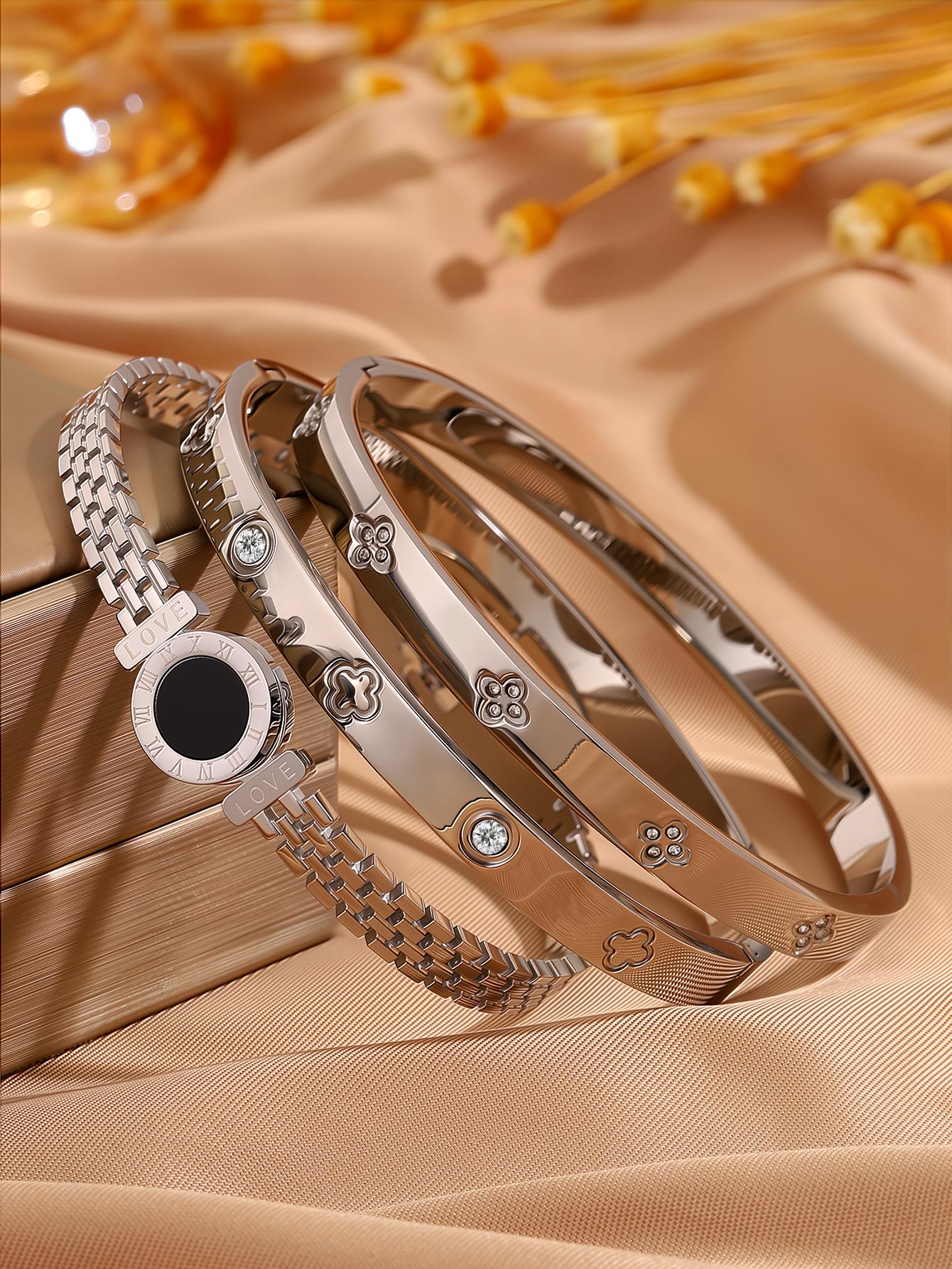 French Luxury Classic Bracelet Set, Stainless Steel Fashion Accessory, Perfect Birthday Gift & Vacation Wear, Casual Style