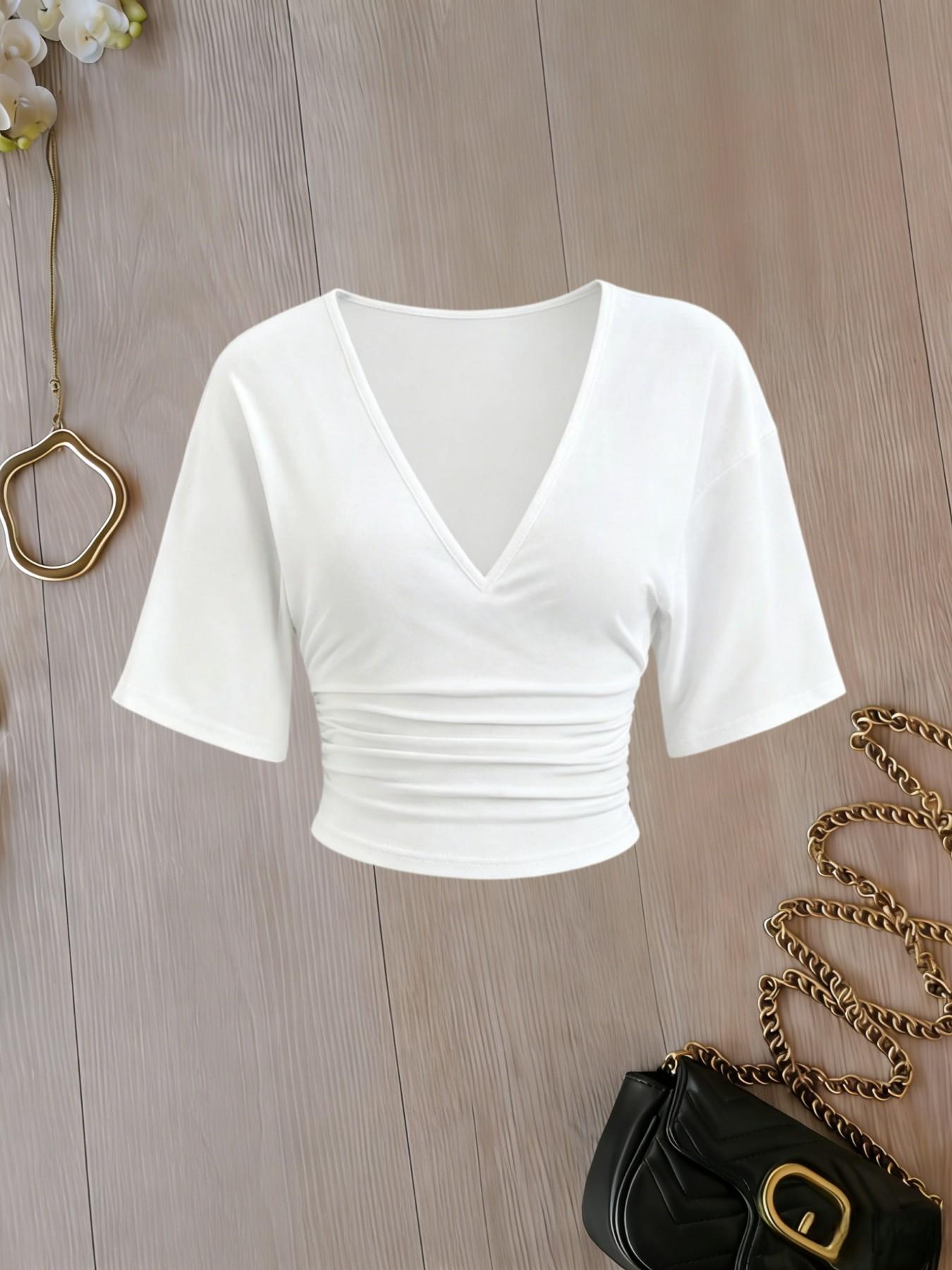 3 Pack Solid Color Ruched Crop Top for Women, Deep V Neck, Three-Quarter Sleeves, Slim Fit, Casual Chic Basic Minimalist T-Shirt