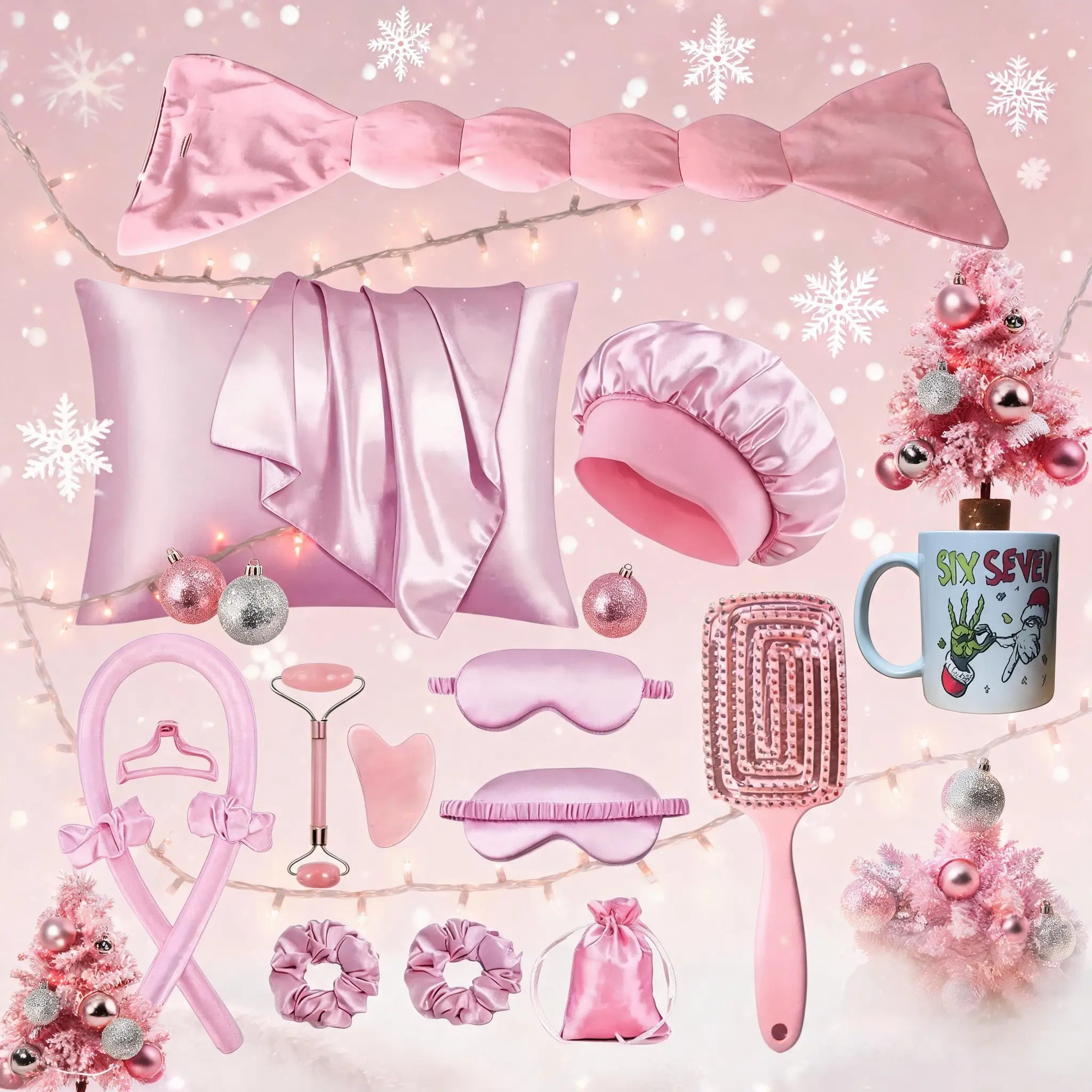 Christmas Self Care Gift Set, Pink Heatless Hair Curling Kit, Satin Spa Kit with Sleep Mask, Pillowcase, Shower Cap, Facial Roller, Hair Brush, Styling Tools, Holiday Beauty Gift for Women
