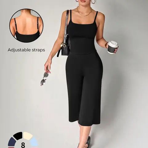 New Women's Yoga Tank Top + Wide Leg High Waist Capri Set, Medium-Length Sport Pants, Ideal for Running, Outdoor Activities, Comfortable and Stylish, Sports Wear