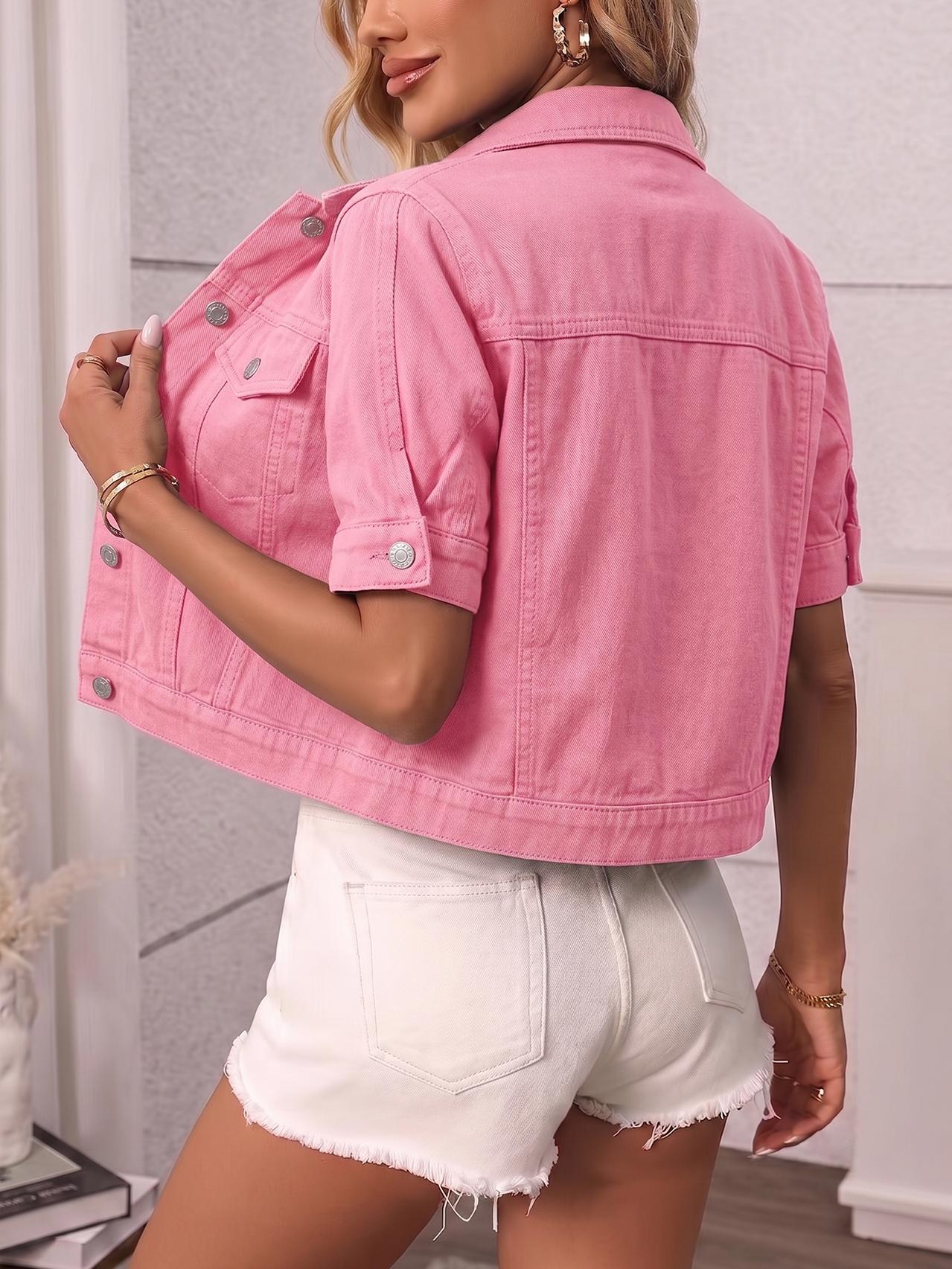 Women's Classic Short Sleeve Denim Jacket, Casual Single Button Short Denim Collar Top, Summer Outerwear, Loose-Fitting