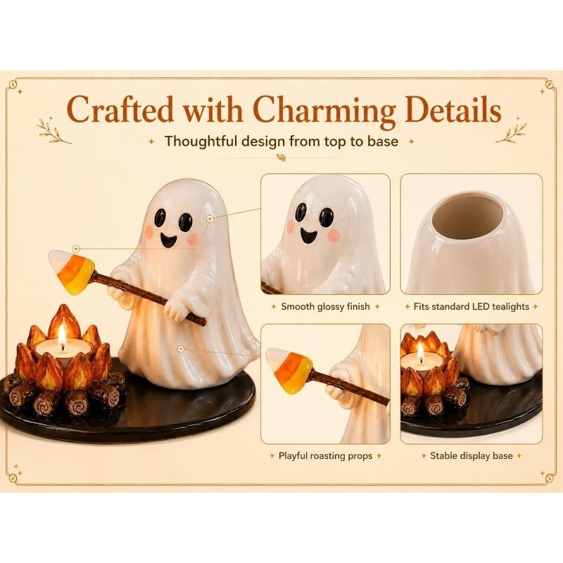 Resin Halloween Tea Light Candle Holder Set – Ghost, Mummy, Scarecrow & Campfire Figurines, Spooky Tabletop Decor for Mantel, Shelf & Centerpiece, Creepy Home Accent for Adults