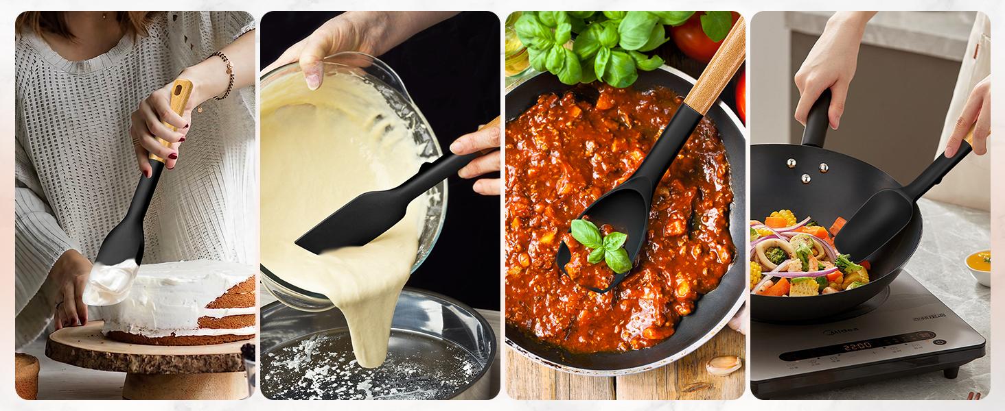 Silicone Spatula Spoon Set, Great for Mixing, Folding, Scraping, and Spreading, Sturdy BPA-Free Matte Silicone, Wooden Handle Rubber Spoonula for Nonstick Cookwares,4 Pack