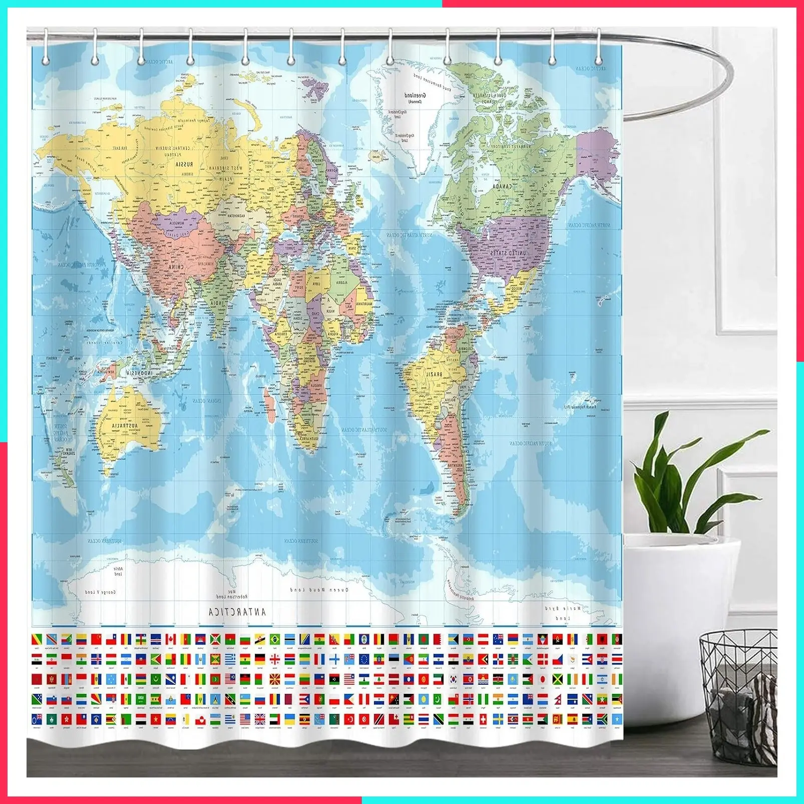 World Map Shower Curtain Set with Hooks, Educational Map of the World Fabric Bathroom Decor for Boys Girls Kids, 72 x 72 Inch