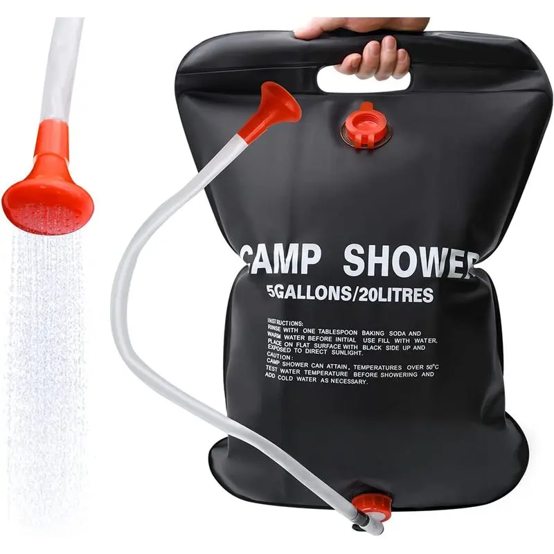 Solar Shower Bag, 5 Gallon 20L Portable Camping Shower with Temperature Indicator, Adjustable Water Flow and Hose for Camping, Hiking and Beach,Eco-Friendly