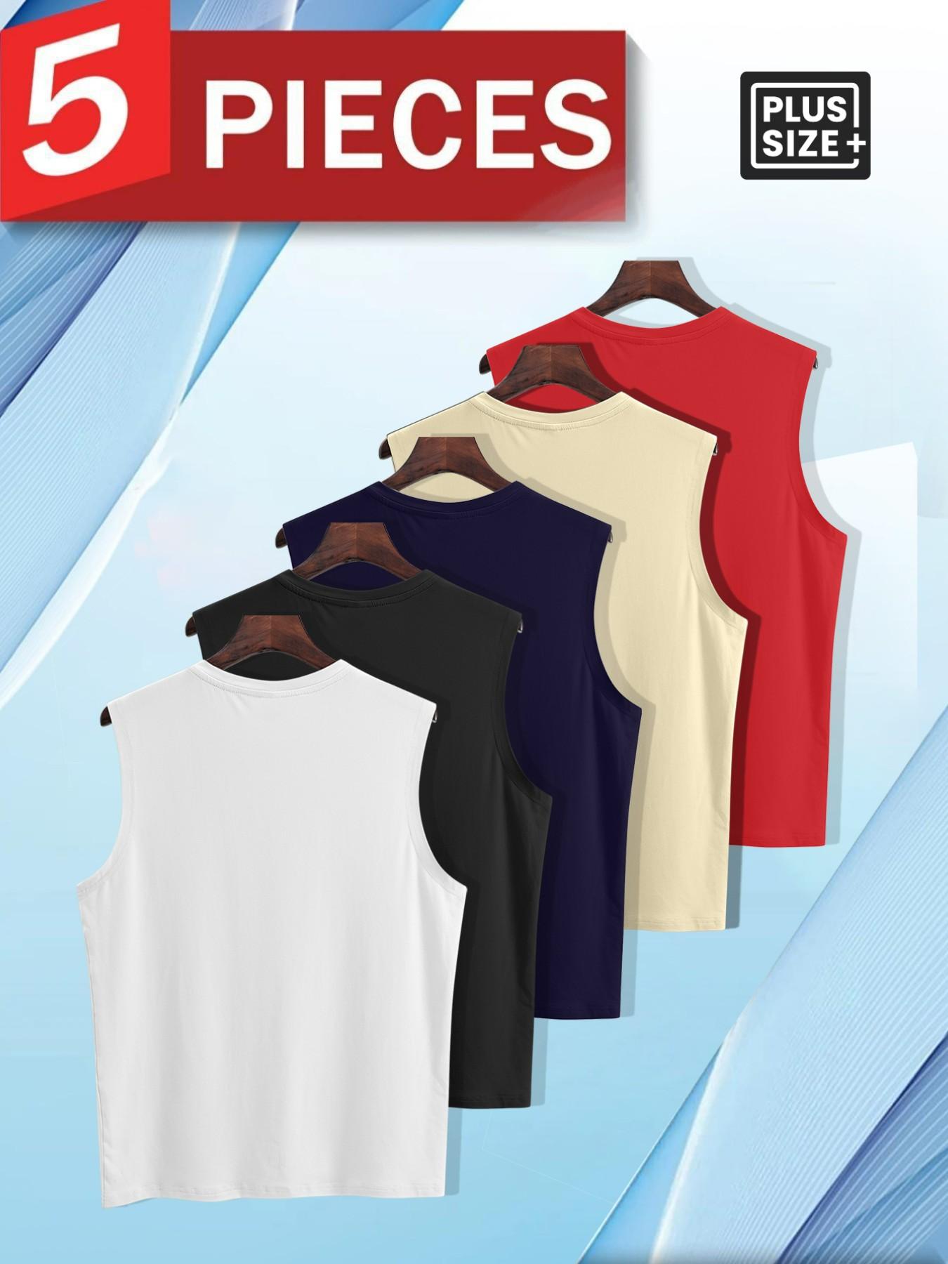 5pcs Men's Plus Size ALPHA USA Flag Graphic Sleeveless Tank Top, Casual Loose Fit Crew Neck Vest, Trendy Streetwear Tops for Summer, Daily Commute & Lounge