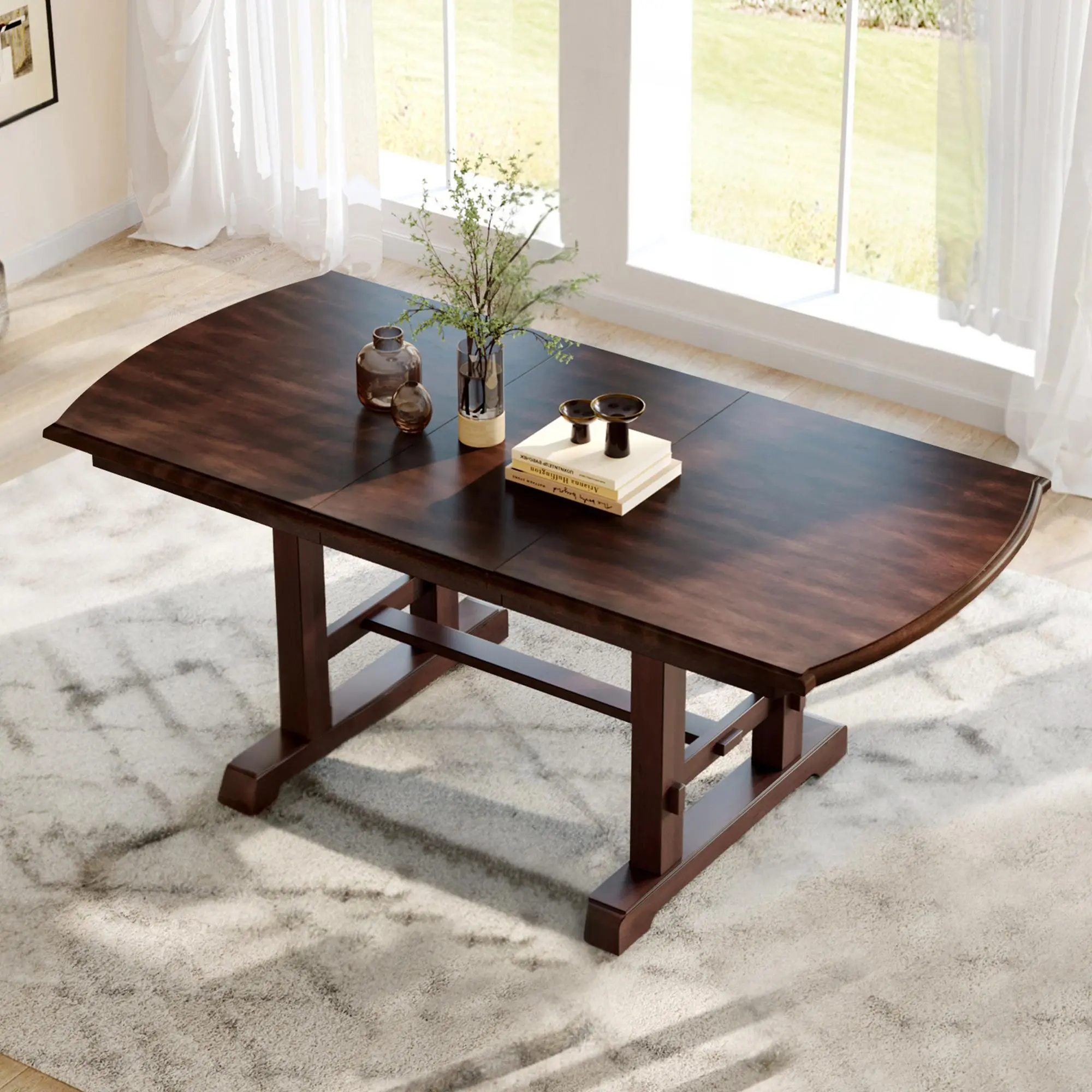 Extendable Farmhouse Dining Table, 59 to 77 Inch Wooden Kitchen Table with Removable Leaf, Seats 4 to 8, Cherry Finish