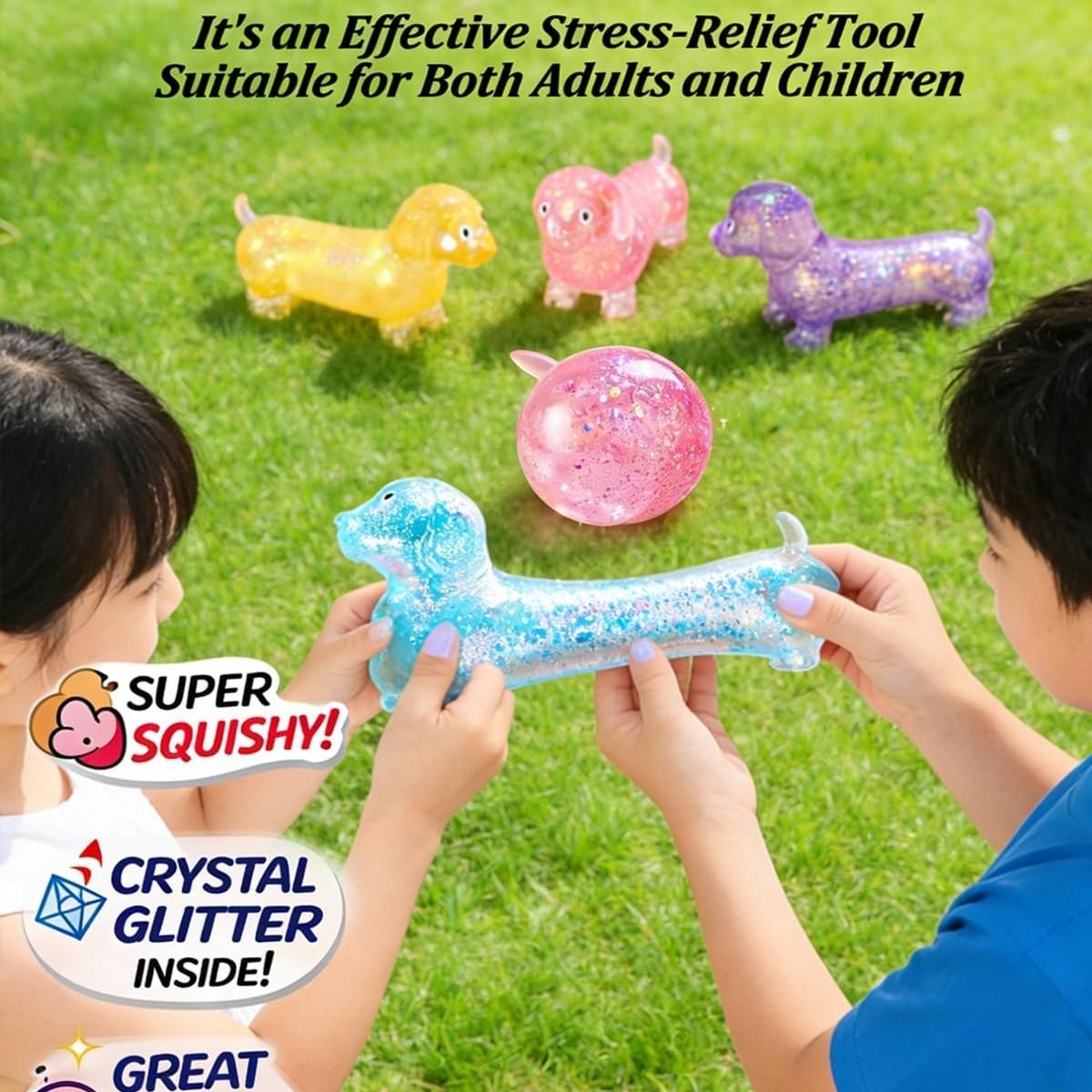 Anxiety Squishies, Fidget Cube Stress Relief, Dachshund Squishy Stress Toy,  Upgraded Sparkly Sausage Dog Gel Stretch Ball, Cute Mini Dogs with Face for kids Adults