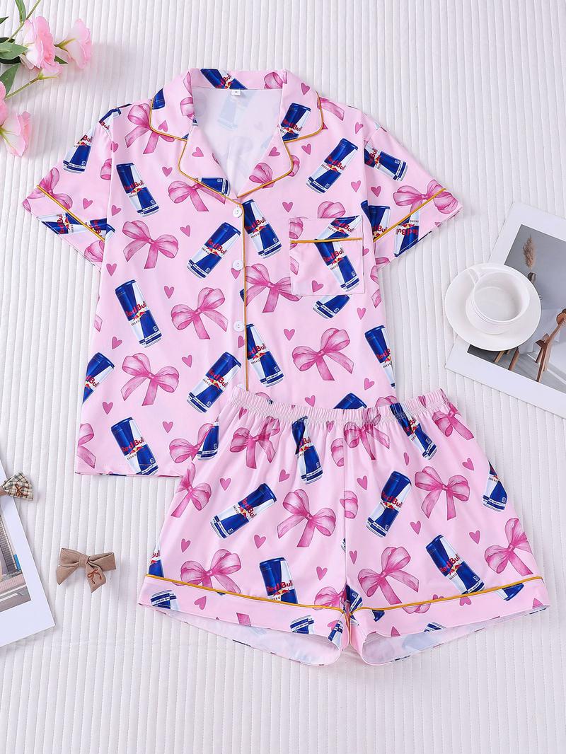 2-piece women's full body pink bow love drink bottle short sleeved shorts soft and comfortable skin friendly smooth top small pocket button closure elastic waistband suitable for all seasons home casual wear pajamas