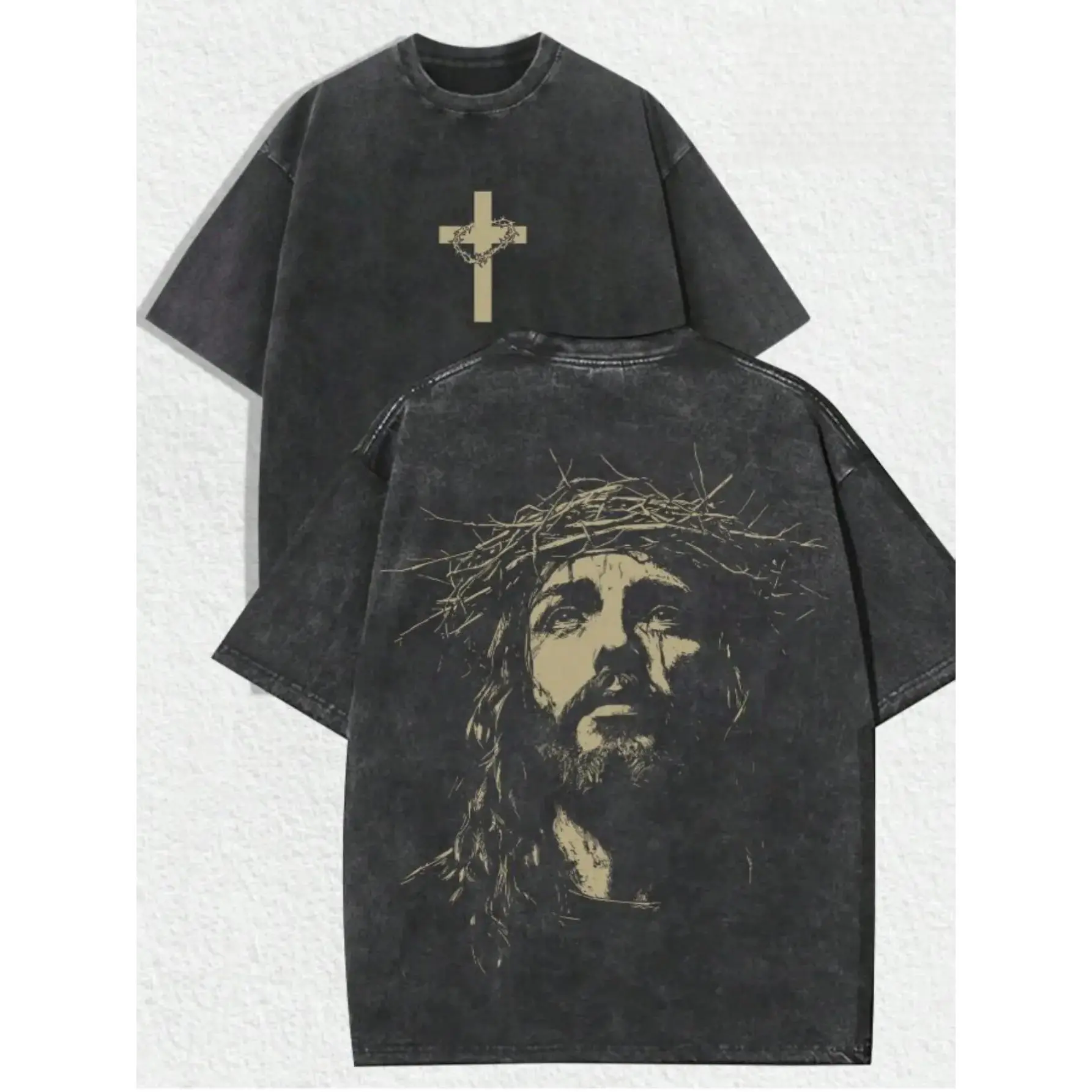 Men's Classic Oversized Soft Round Neck Cotton T-Shirt - Christian Faith Crown of Thorns Double-Sided Print, Washed Black Seamless Short-Sleeve Menswear Top, Tshirt