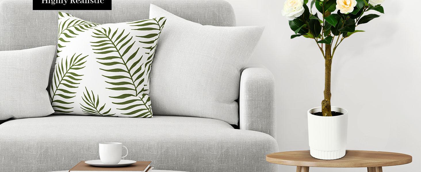 2025 2 Pack 3/4 Ft Artificial Camellia Trees with 16 White Flowers and Pots, Ideal Christmas Gifts for Home, Porch, Office or Outdoor Decor