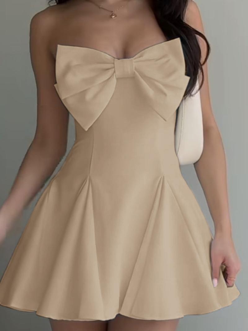 Women's Bow Decor Backless Tube Dress, Fashion Casual Strapless Fit and Flare Dress for Daily Outdoor Wear, Women Dress for Spring Fall