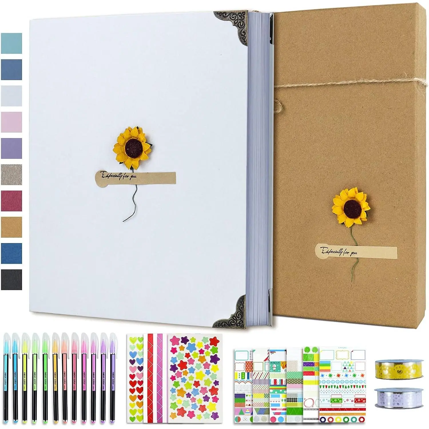 DIY Scrapbook Photo Album Kit with Pens, Tapes, Stickers, 60 Pages, 8.5x11 In Hardcover, 3 Removable Rings, Black Paper Scrapbooking Gift for Lovers, Weddings, Valentine's Day (White)