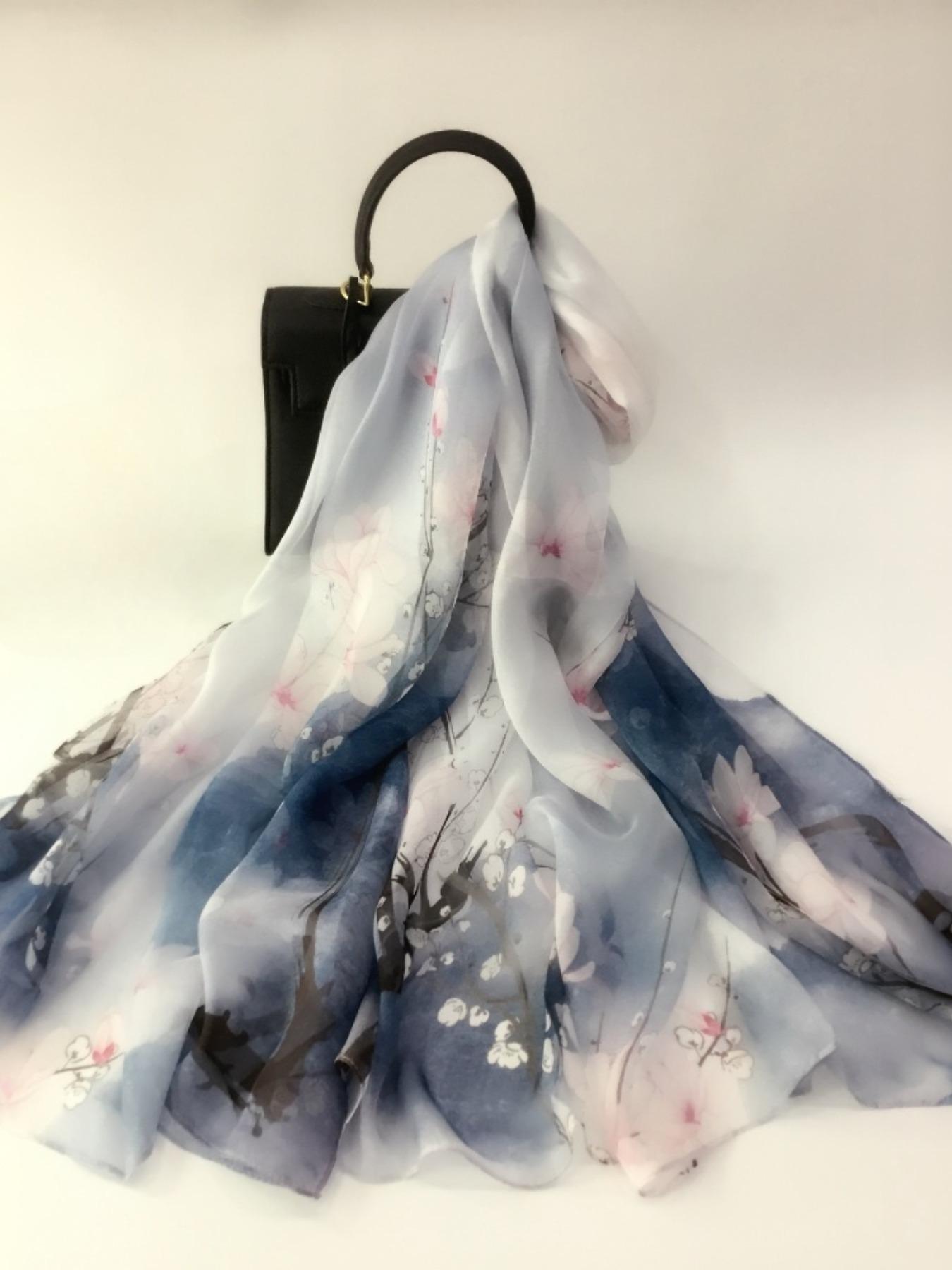 175cm*110cm Printed Silk Shawl for Women, High-End Silk Scarf, Lotus Pattern, 100% Mulberry Silk, Soft and Breathable, Ideal Gift