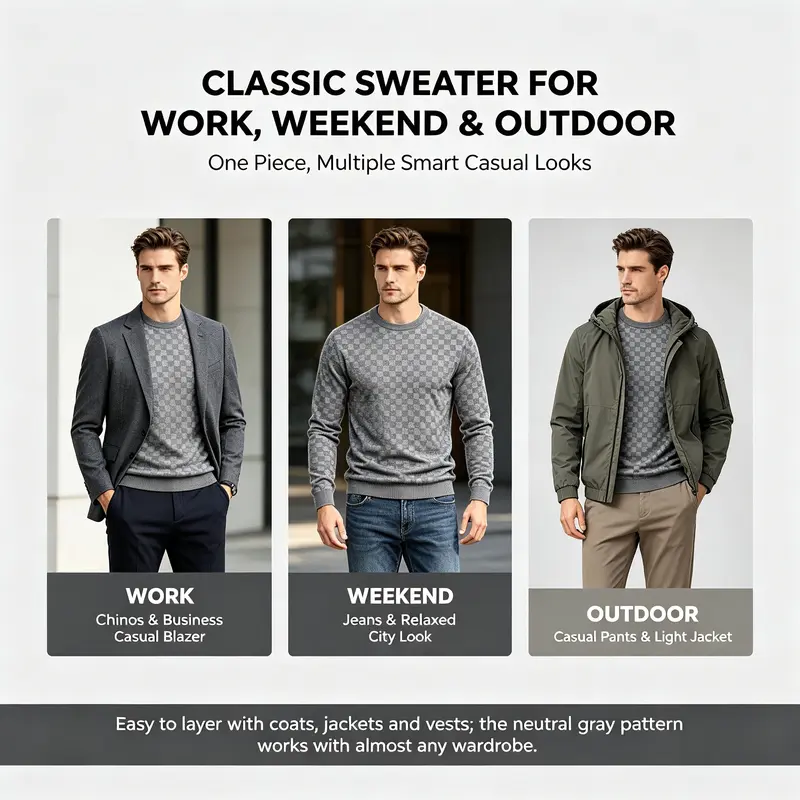 4-Pack Men's Plaid Knit Sweatshirts, Textured Grid Pattern Long Sleeve, Soft Lightweight Casual Top, Ideal for Fall Winter Streetwear 4-Pack Men's Plaid Knit Sweatshirts, Textured Grid Pattern Long Sleeve, Soft Lightweight Casual Top, Ideal for Fall Winter Streetwear