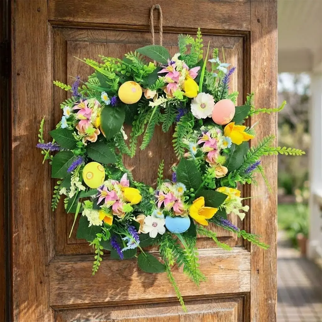 GARVEE 18-Inch Round Easter Wreath - Foam & Plastic Front Door Decor with Flowers, Green Leaves, Simple Adjust Feature, Spring Outdoor Door Decoration