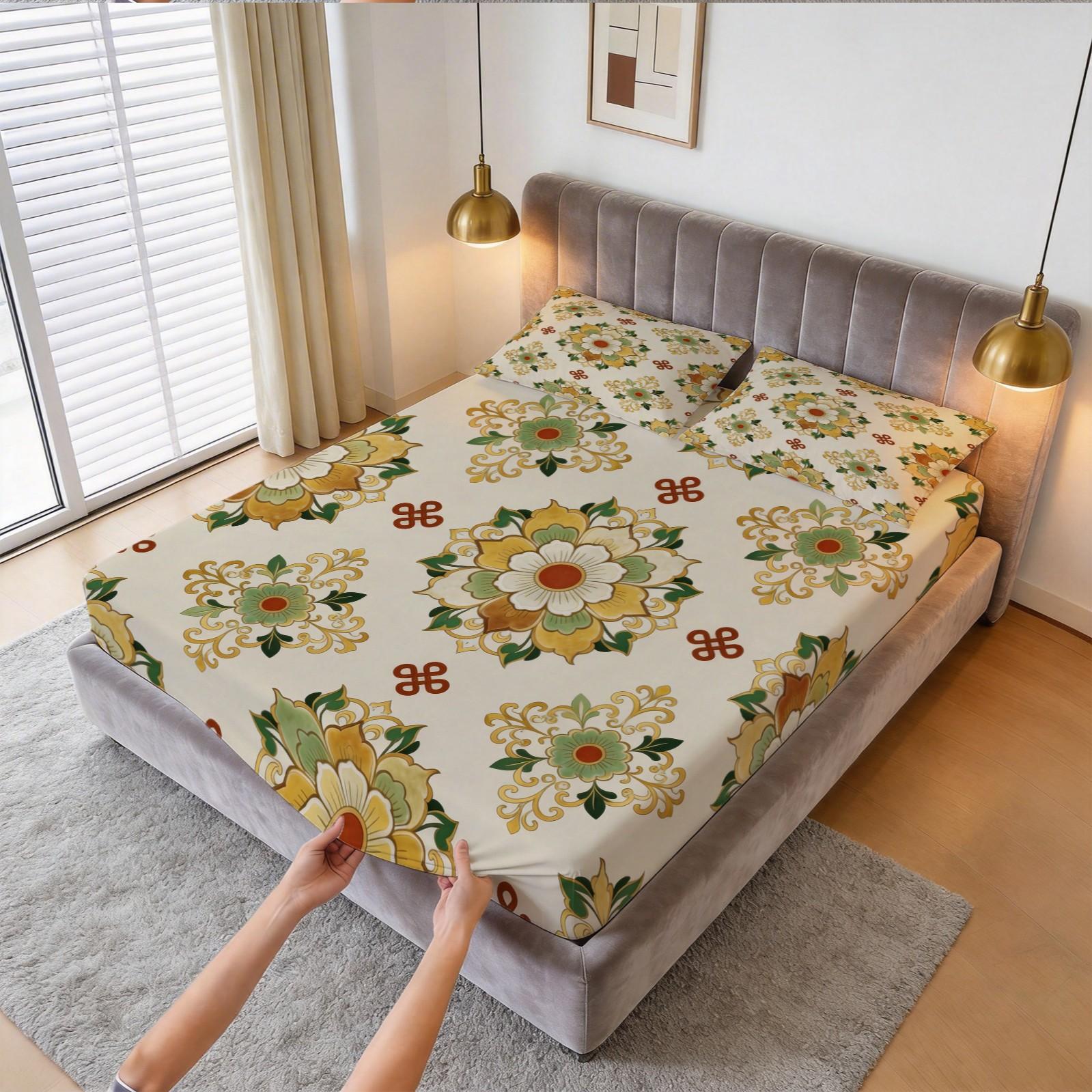 3 Piece Vintage Floral Mandala Fitted Sheet Set, HD Digital Printed Bed Sheet Set, Deep Pocket Soft Bedding Set (Pillowcases No Inserts) for Bedroom Decor