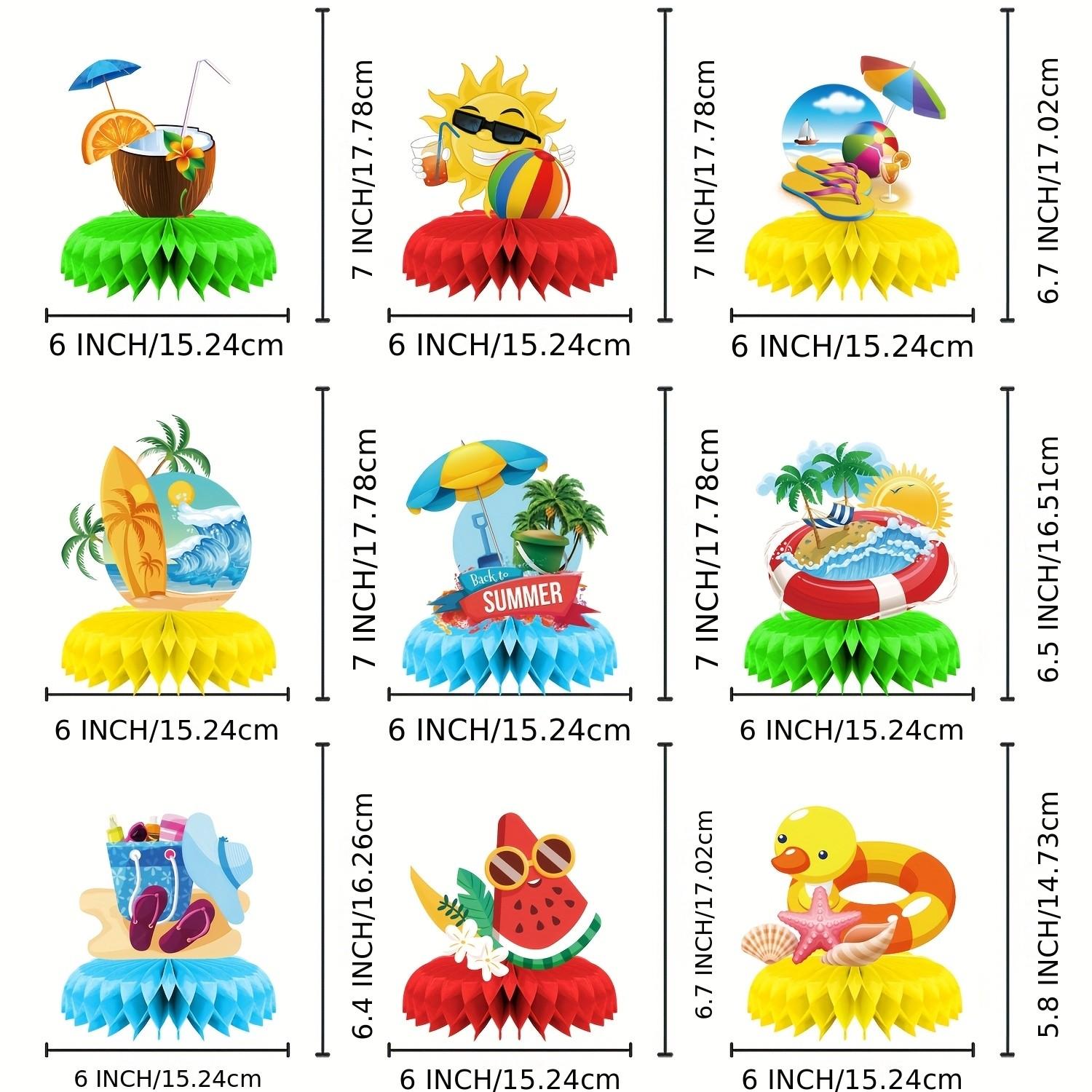 9Pcs Summer Beach Party Honeycomb Centerpieces, 3D Tropical Table Decorations for Pool Party, Luau Birthday Decor, Hawaiian Party Supplies, Summer Table Toppers for Party, Watermelon Sun Coconut Elements
