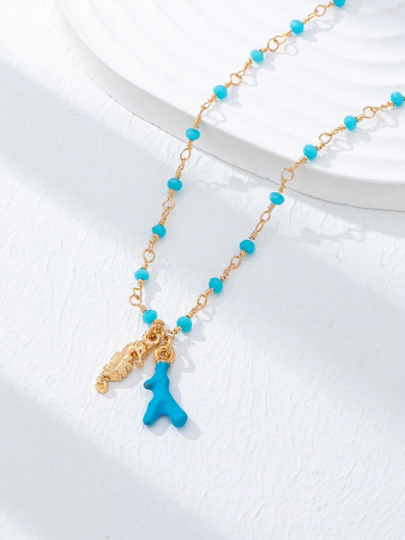 4 Pc Summer Bohemian Boho Unique Aesthetics Versatile Starfish Pendant Handmade Turquoise Stone Beaded Layered Necklace, Carabiner Locket Necklaces with Fish Coral Charms, Beach Vocation Jewelry Accessories