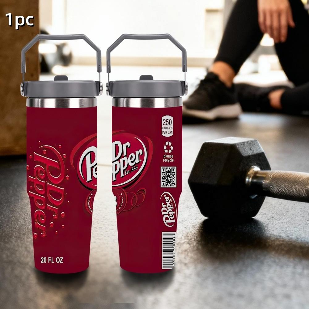1pc 30oz Portable stainless steel insulated cup, Leakproof Insulated Tumbler, Dr Pepper Theme Car Travel Tumbler with handle and straw, leak-proof lid, school travel cup, insulated coffee cup, Home Office Car Accessory, Holiday Gift