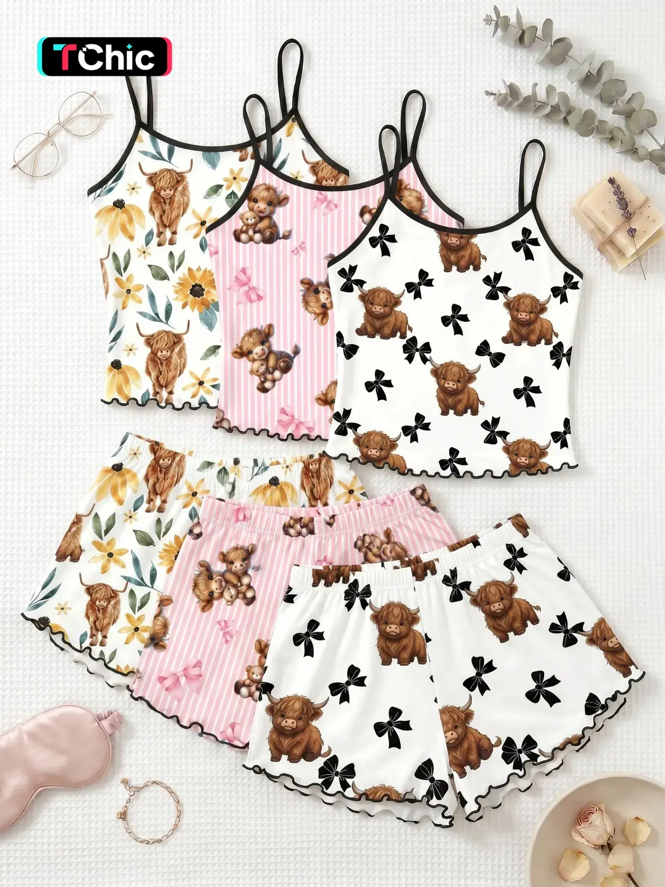 3 Pcs Highland Cow Print Spaghetti Strap Tank Top Shorts Pajama Set, Trim Ruffle Design, Sweet Cool Girl Style, Breathable Home Sleepwear