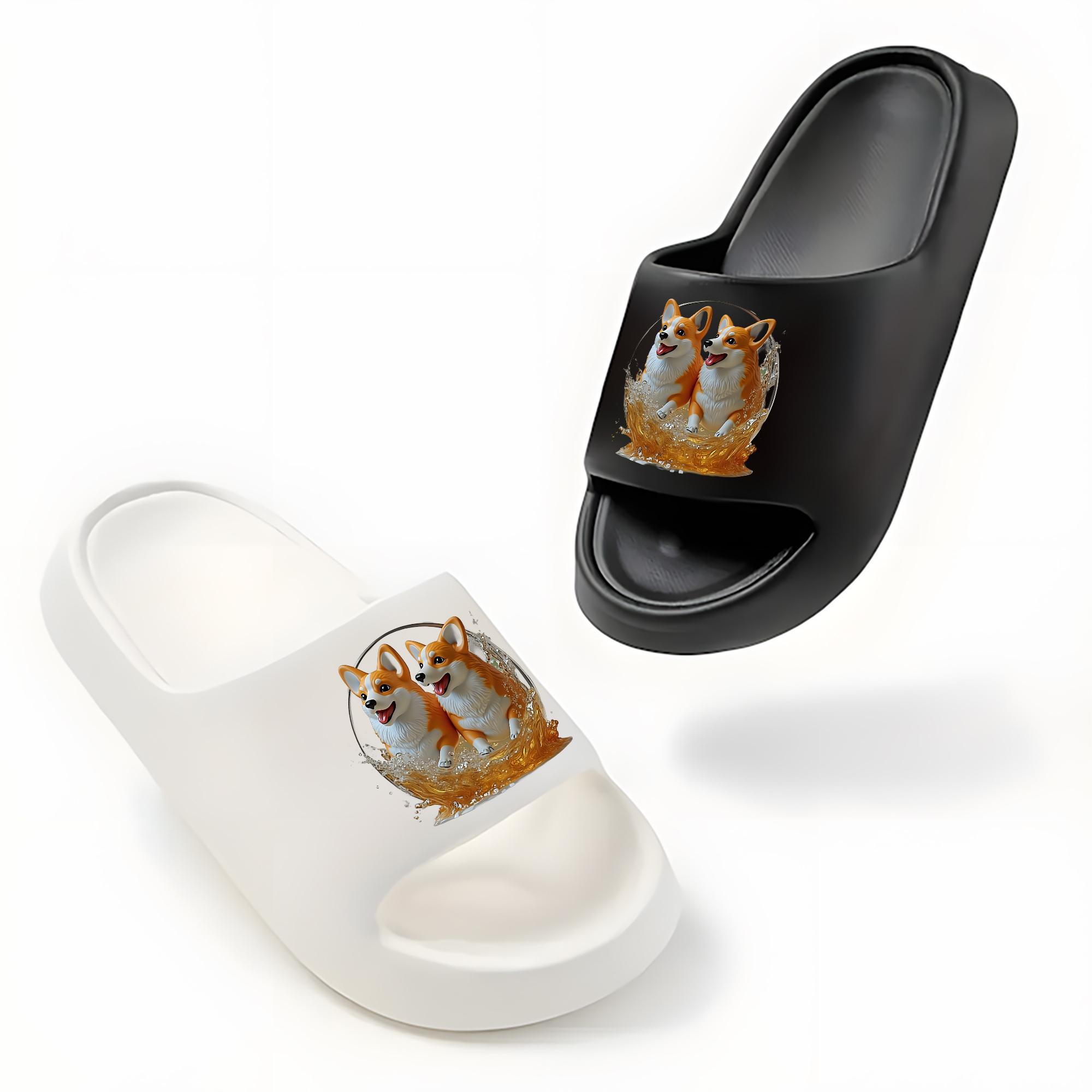 Corgi Playing in Water Print Slippers, Soft Sole Non-slip Home Slippers, Indoor and Outdoor Universal Cloud-like Slippers, Unisex Breathable Summer Slippers, Cute Dog Pattern Slippers Suitable for