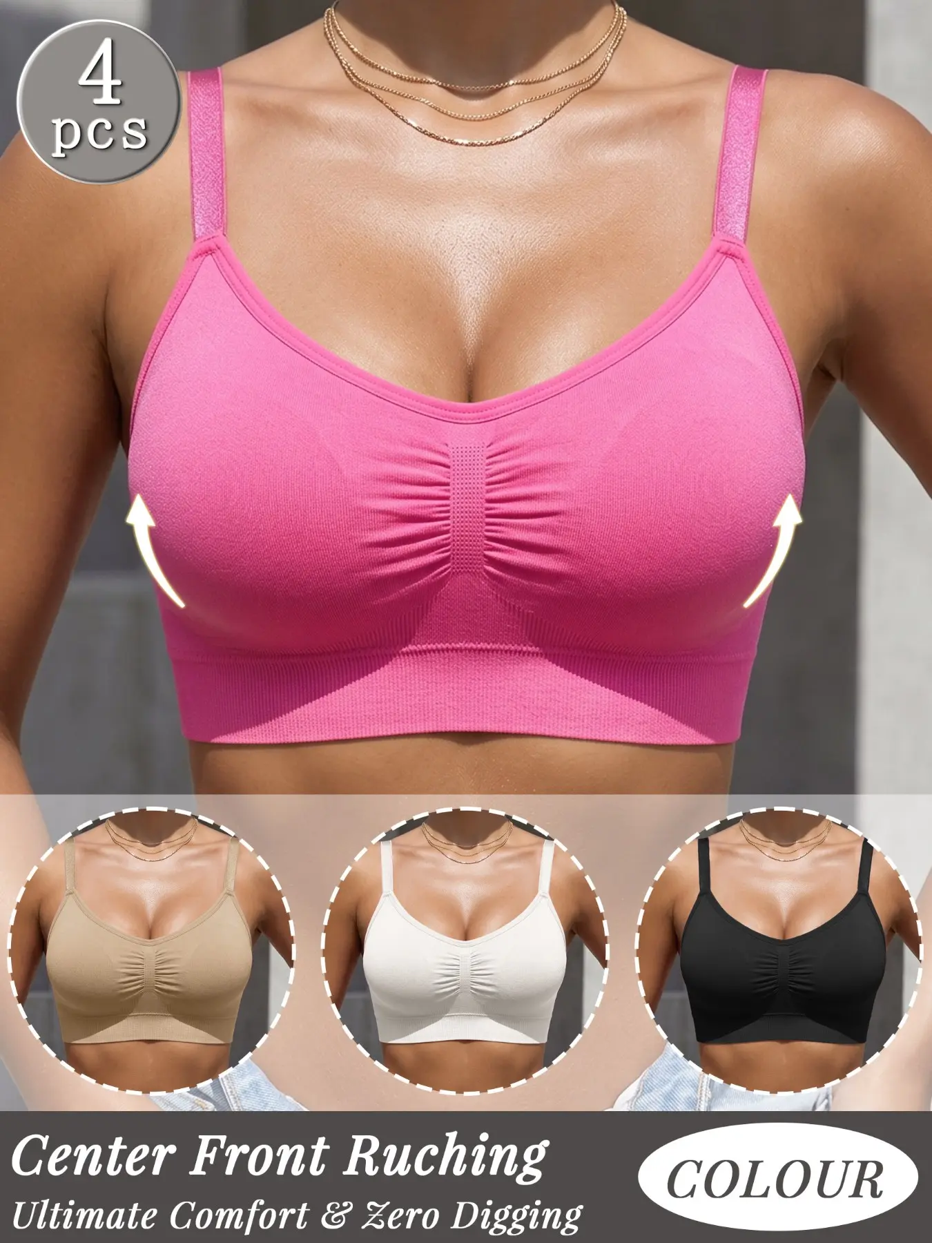 4 Pack Wire Free Seamless Adjustable Workout Bra Wide Underband Support Push Up Ruched Front Comfort Sports Bra Sportswear Bra Wirefree Workout Bra