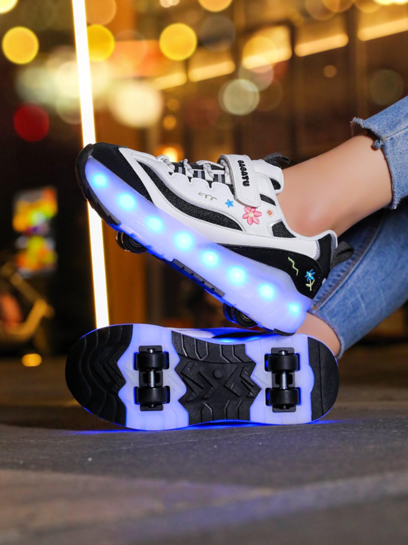 Girls' Four-Wheel Roller Skates, New Wheel Sports Shoes, Adjustable Velcro Skate Shoes, Breathable Mesh, LED Light-Up, USB Charging, Shoes with Wheels