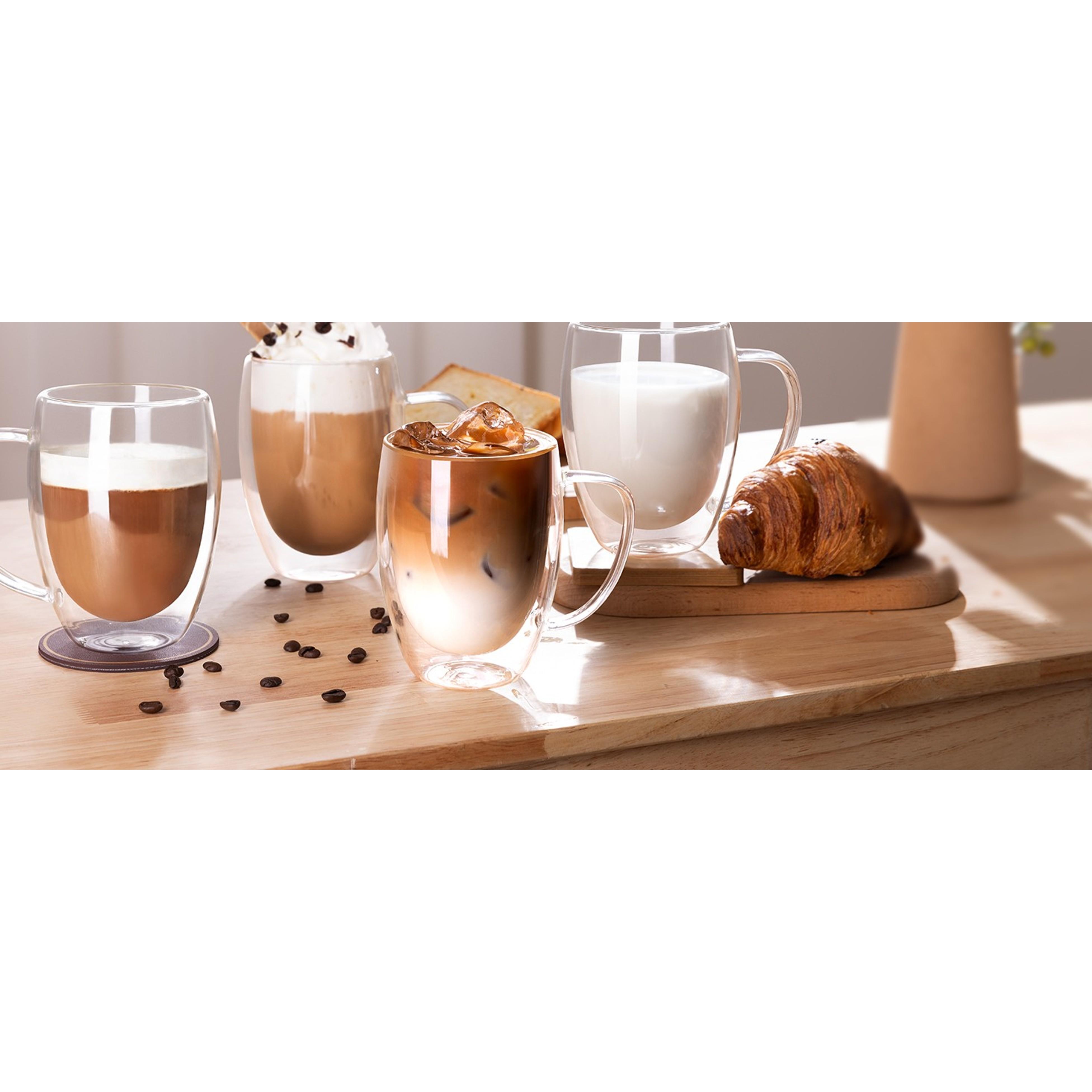 Double Walled Glass Coffee Mugs Set of 4, 12.5OZ Hand Blown Insulated Clear Glass Coffee Cups with Handle,Perfect for Latte,Cappuccino, Espresso, American,Tea Bag, BeverageGift