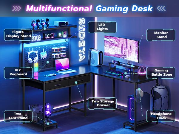 SEDETA L-Shape Gaming Desk Computer Desk with LED Lights Hanging Panel and Drawer with Brackets and Storage Shelves Home Office Corner Desk Modern
