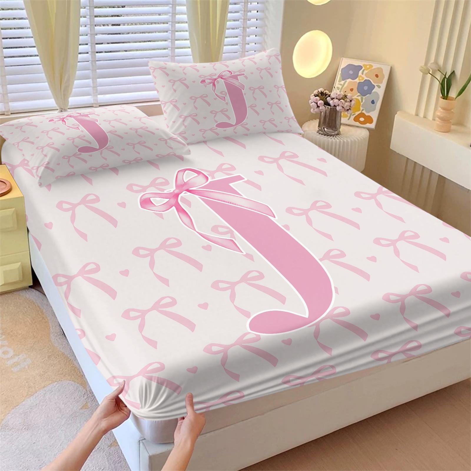 3Pcs Pink Bow Fitted Sheet Set, Custom Initial Sweet Print, Breathable Non-slip Fit, Ideal for Bedroom Dorm Home Decor