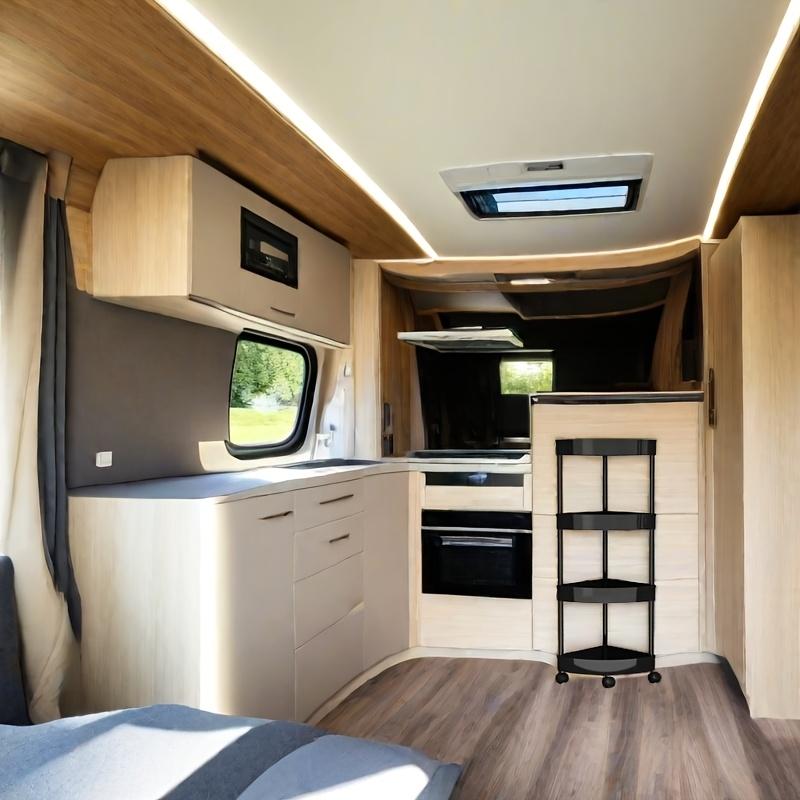 Four-layer rolling storage cart, compact corner storage unit, made of sturdy plastic, no electricity required, suitable for kitchen, office, commercial bathrooms and other storage needs.