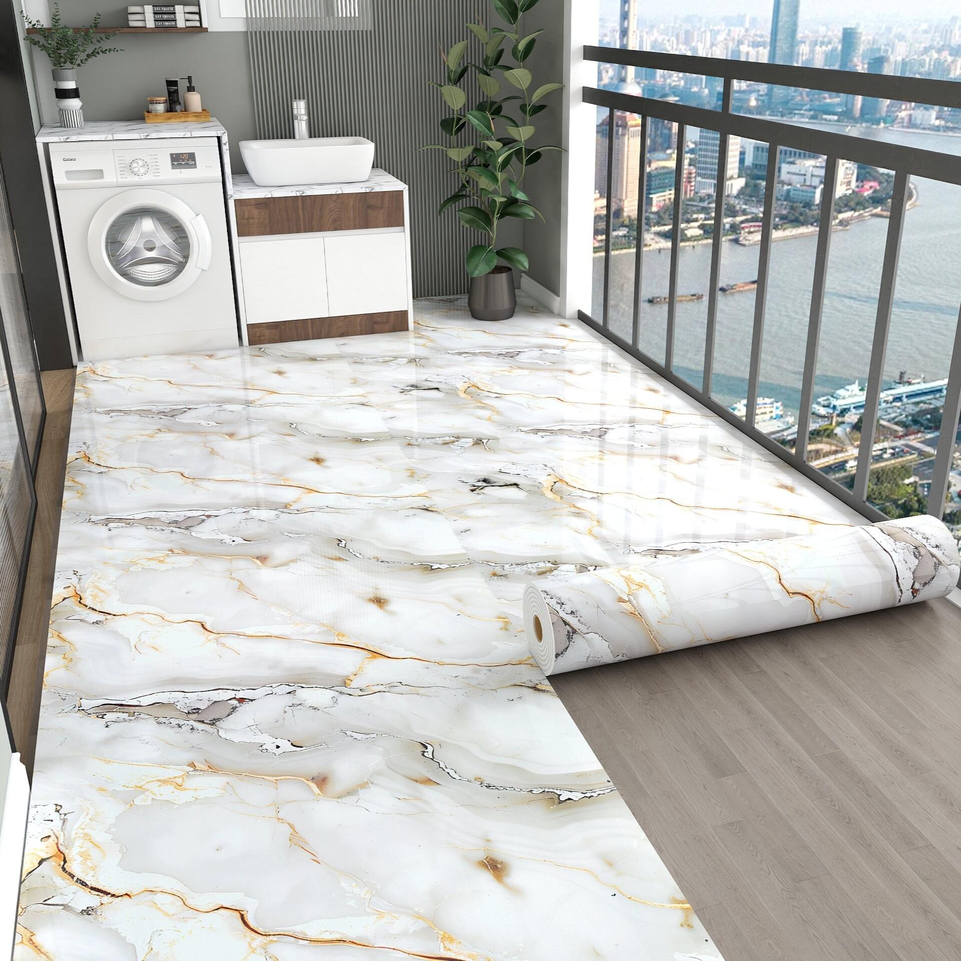 Self Adhesive Vinyl Floor Tile, 1 Roll, 15.74" X 118.11", Bianco Marble Pattern, Marble Texture, Peel & Stick, DIY Flooring for Kitchen, Dining Room, Bedrooms & Bathrooms, Peel and Stick Flooring
