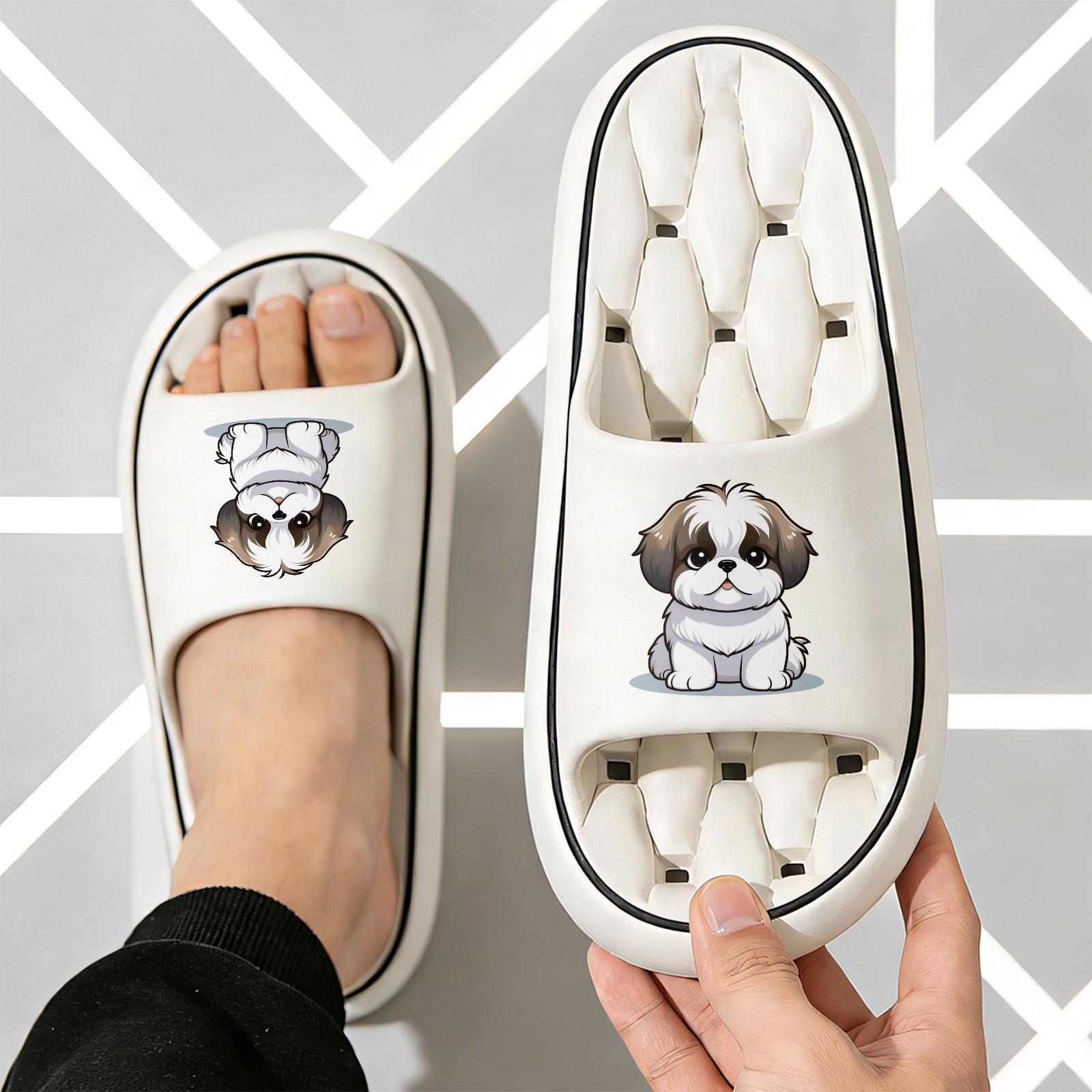 Cute Shih Tzu Print Quick-Dry Hollow Out Slide Slippers, Non-Slip Bathroom Shower Shoes, Soft Cushioned Home Sandals for Dog Lovers