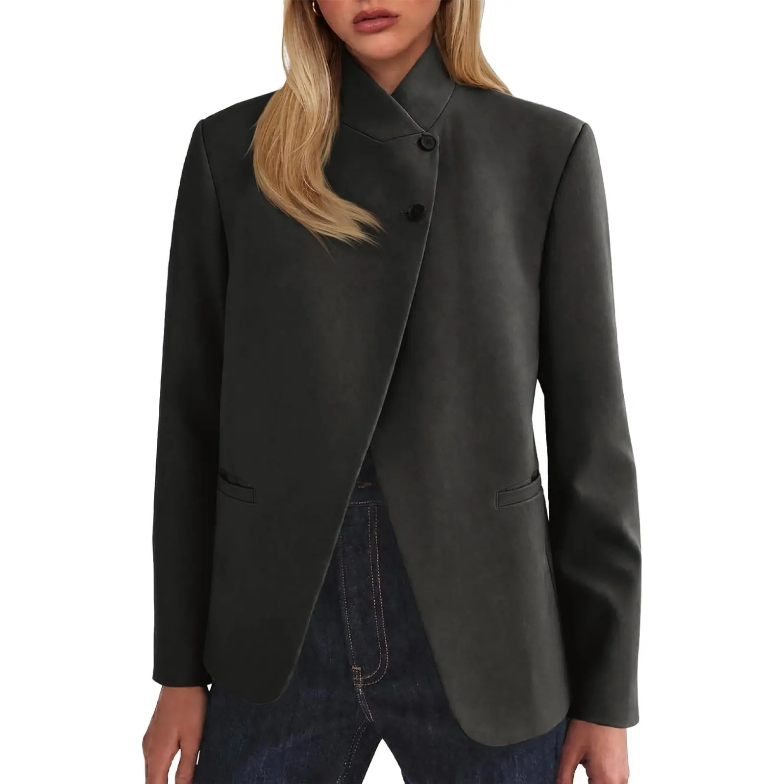 Cicy Bell Women's Casual Stand Collar Blazer Trendy Button Suit Jacket | Open Cross Front, Long Sleeve, Work Office, Business Coat