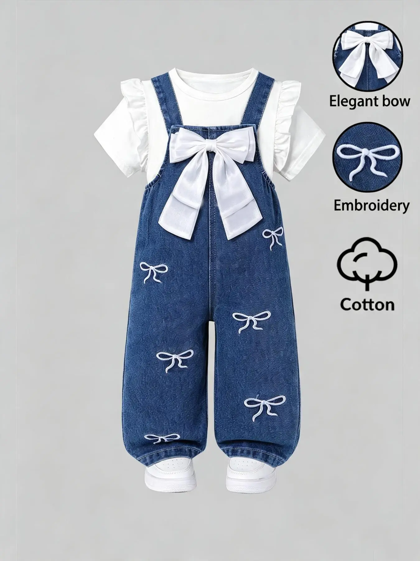 Girls' Denim Overall Pants, Sweet Butterfly Design, Adjustable Straps, Comfortable Cotton Fabric, Perfect for Spring & Fall