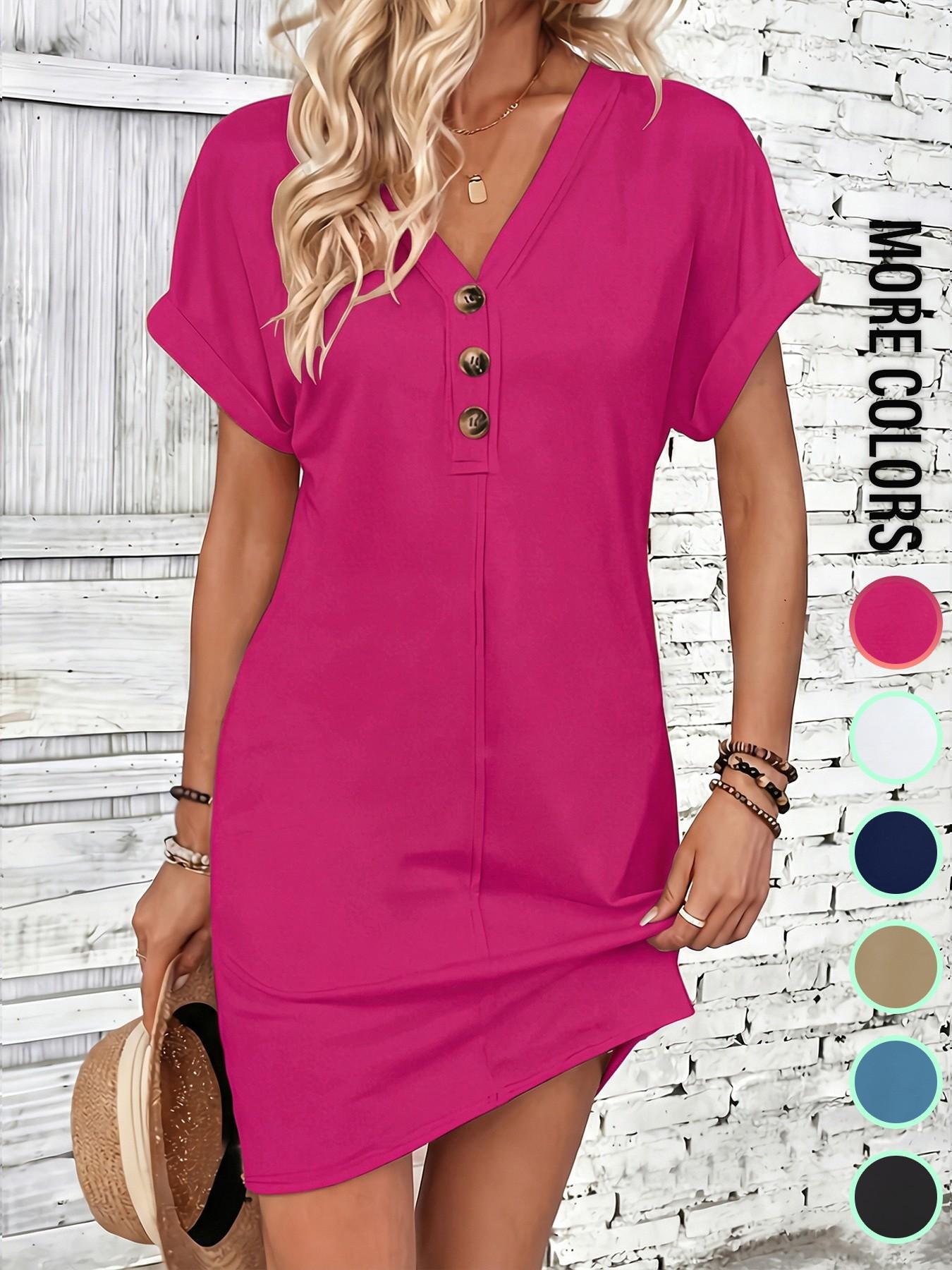 Women's Plain Button V Neck Tee Dress, Casual Short Sleeve Batwing Sleeve Short Dress for Summer, Fashion Women's Dress, Casual Wear