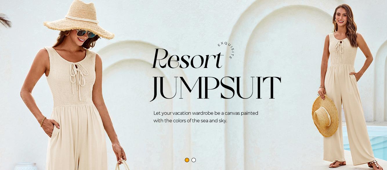 【New Arrival】GRACE KARIN Jumpsuits for Women Bow Tie Front Overalls Smocked Tops Wide Legs Casual Knitted Outfits with Pockets