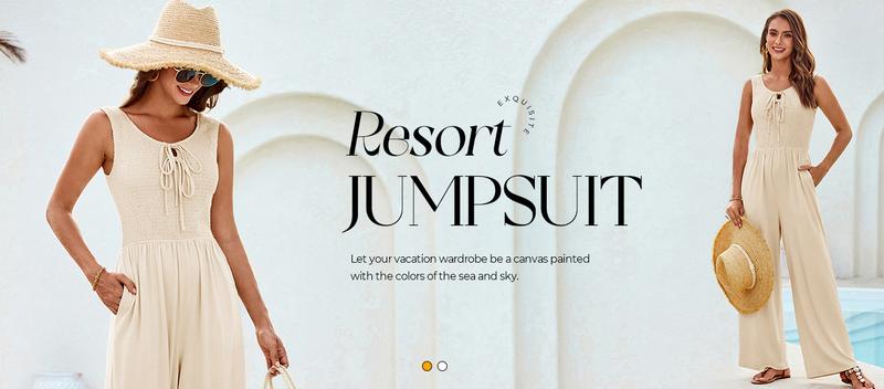 【New Arrival】GRACE KARIN Jumpsuits for Women Bow Tie Front Overalls Smocked Tops Wide Legs Casual Knitted Outfits with Pockets