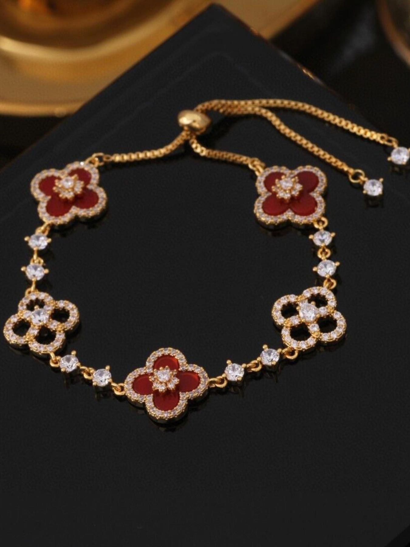 Women's Four-Leaf Clover Bracelet with Sparkling Quartz, Adjustable Allergy-Free Waterproof Design, Rose Option Available, Flower Design Bracelet