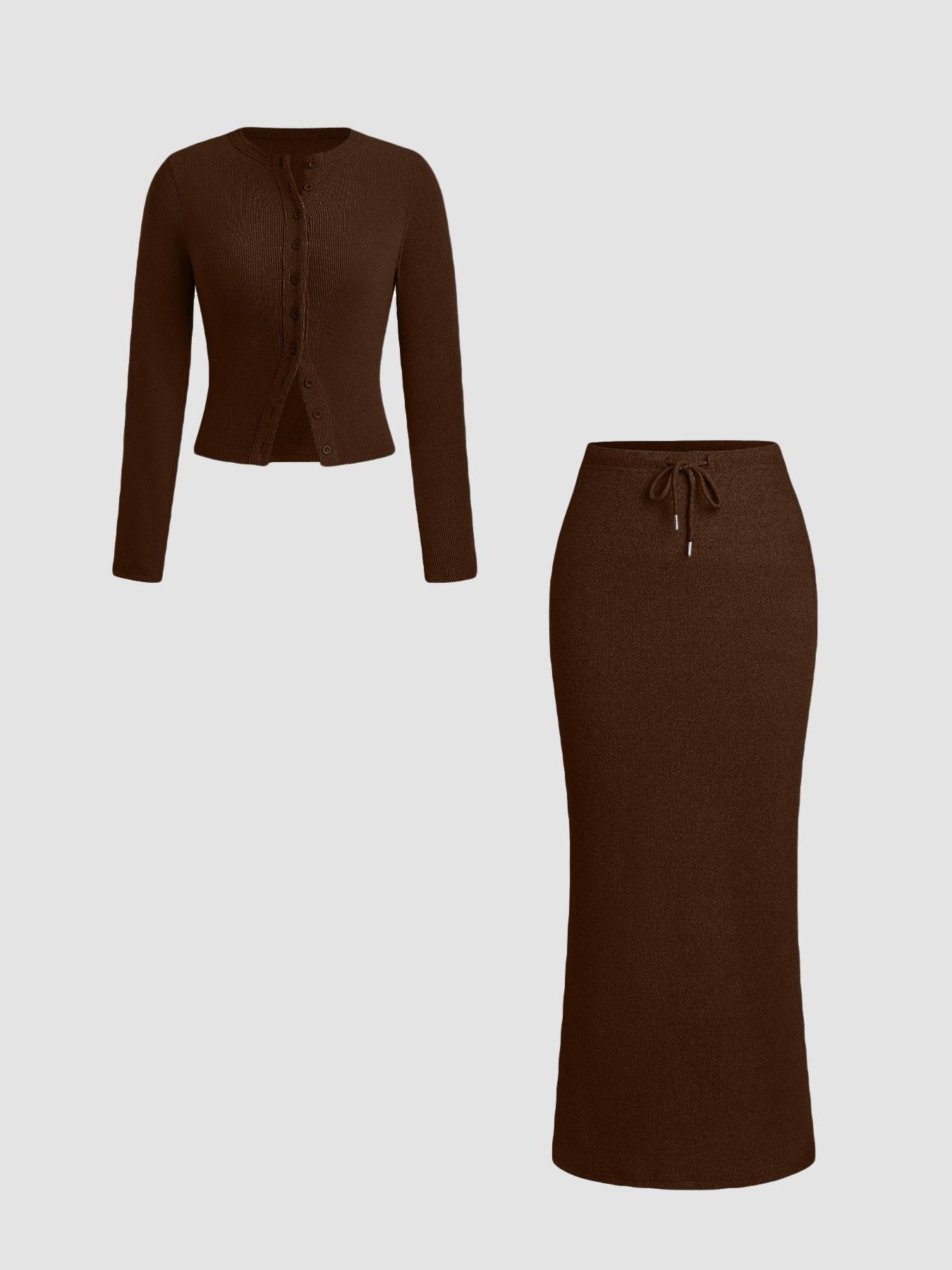 Two-piece Set Women's Solid Color Button Front Long Sleeve Top & Skirt, Elegant Fashion Casual Outfits for Daily Outdoor Wear, Women Clothing for Spring & Fall, Suits