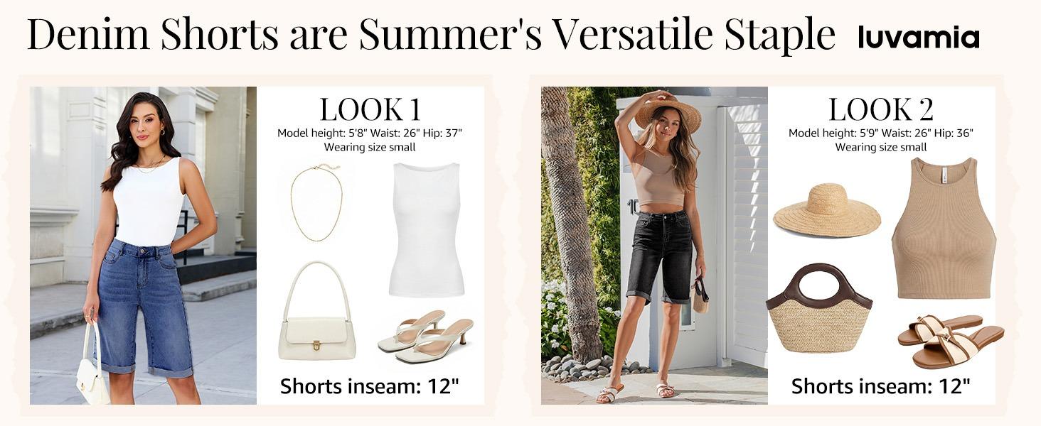 luvamia Bermuda Jean Shorts for Women Knee Length High Waisted Rolled Hem Casual Summer 12'' Inseam Long Denim Shorts