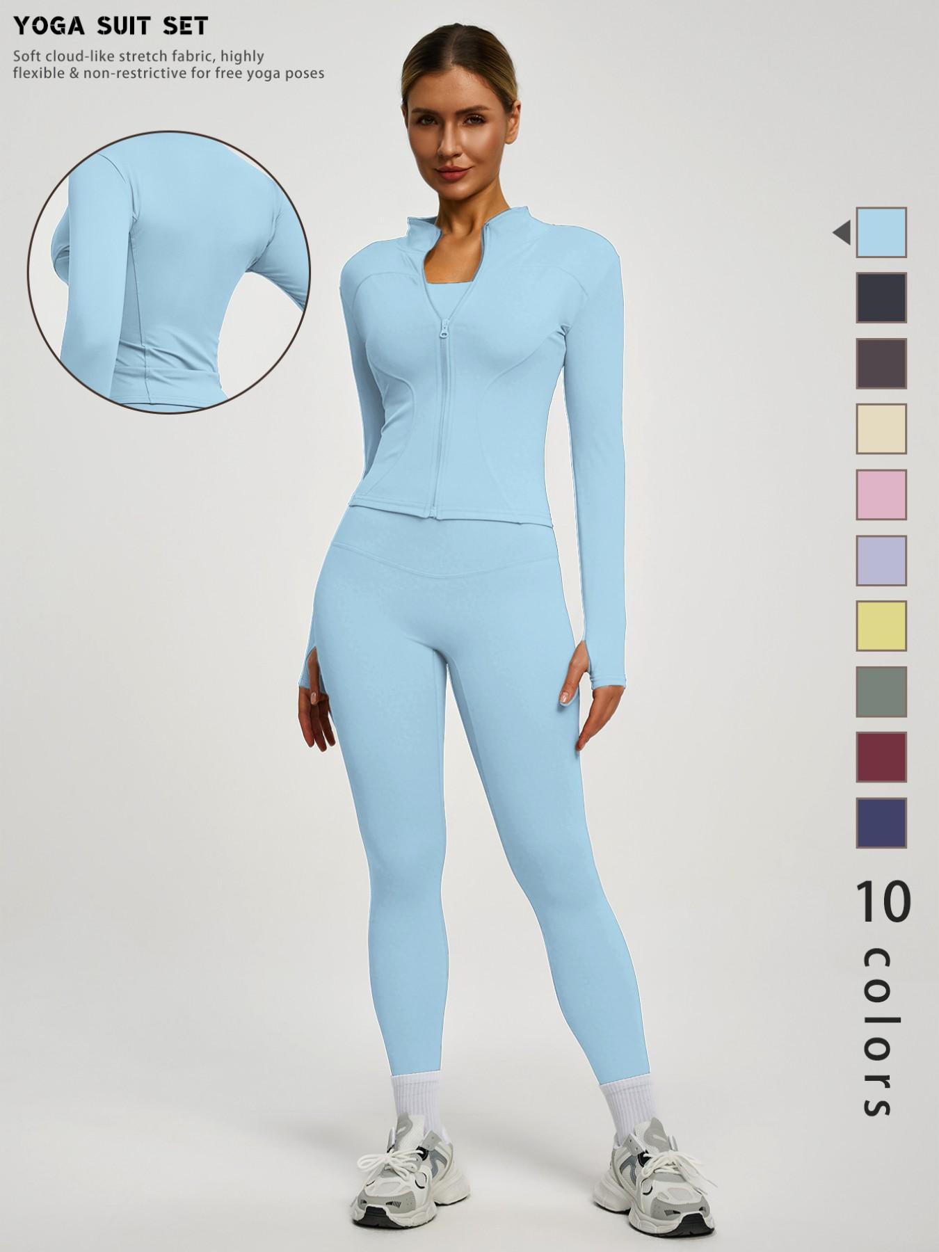 New Women's Solid Color Casual Fashion High-End Long Sleeve Quick-Dry Sports Set, Yoga Essential Jacket, Elastic Tight Yoga Pants, Activewear Clothing