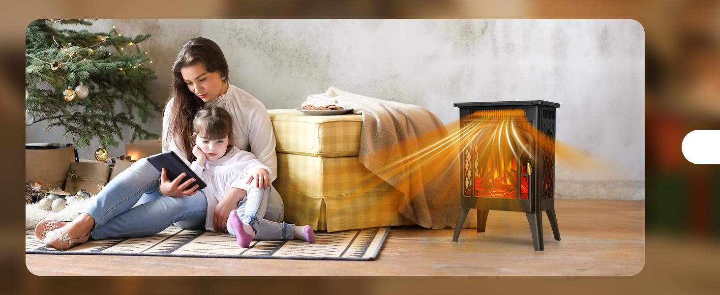 COWSAR Electric Fireplaces, 1500W Infrared Electric Stove Heater, Efficient Heating, 3D Realistic Flame, Remote Control, 8H Timer, Freestanding Stove for Living Room Bedroom Indoor Use, 5100 BTU