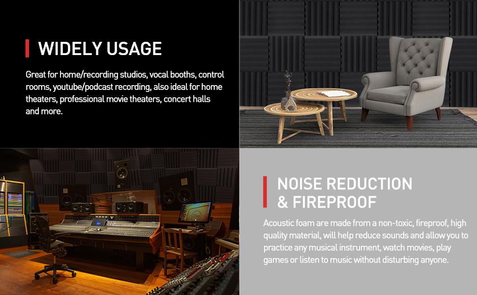 Soundproofing Focusound 6 Grooves 50 Packs Noise Reduction Foam Panels 2" x 12" x 12" with 300PCS Double-Side Adhesive. Noise-Cancelling Foam Panels optimize sound quality for room decoration, ideal for creators, streamers, and gamers. Room Accessories.