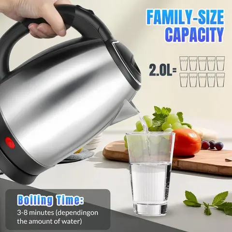 110V Plug Cordless Electric Kettle, 2.0L Large 304 Stainless Steel Water Boiler - BPA-Free, Fast Boiling, Auto Shut-Off, Overheat/Dry-Boil Protection, 360° Swivel Base, 1-Touch Pop-Up Lid - Household Appliances, Kitchen Appliance