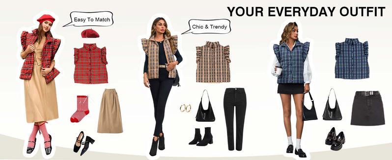 Tankaneo Women's Plaid Puffer Vests Ruffle Sleeveless Lightweight Quilted Vest Fall Winter Padded Gilets Coats