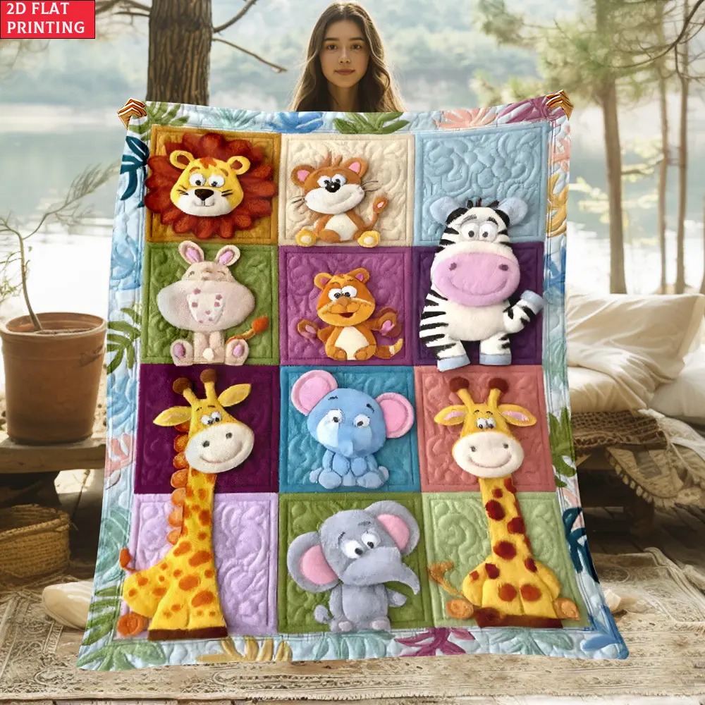 1pc Premium Polyester Lightweight Warm Flannel Throw Blanket, 2D Flat Digital Printed Square-Themed Animal Pattern, Ideal for Camping, Bedrooms & Offices, Indoor-Outdoor Decor Use