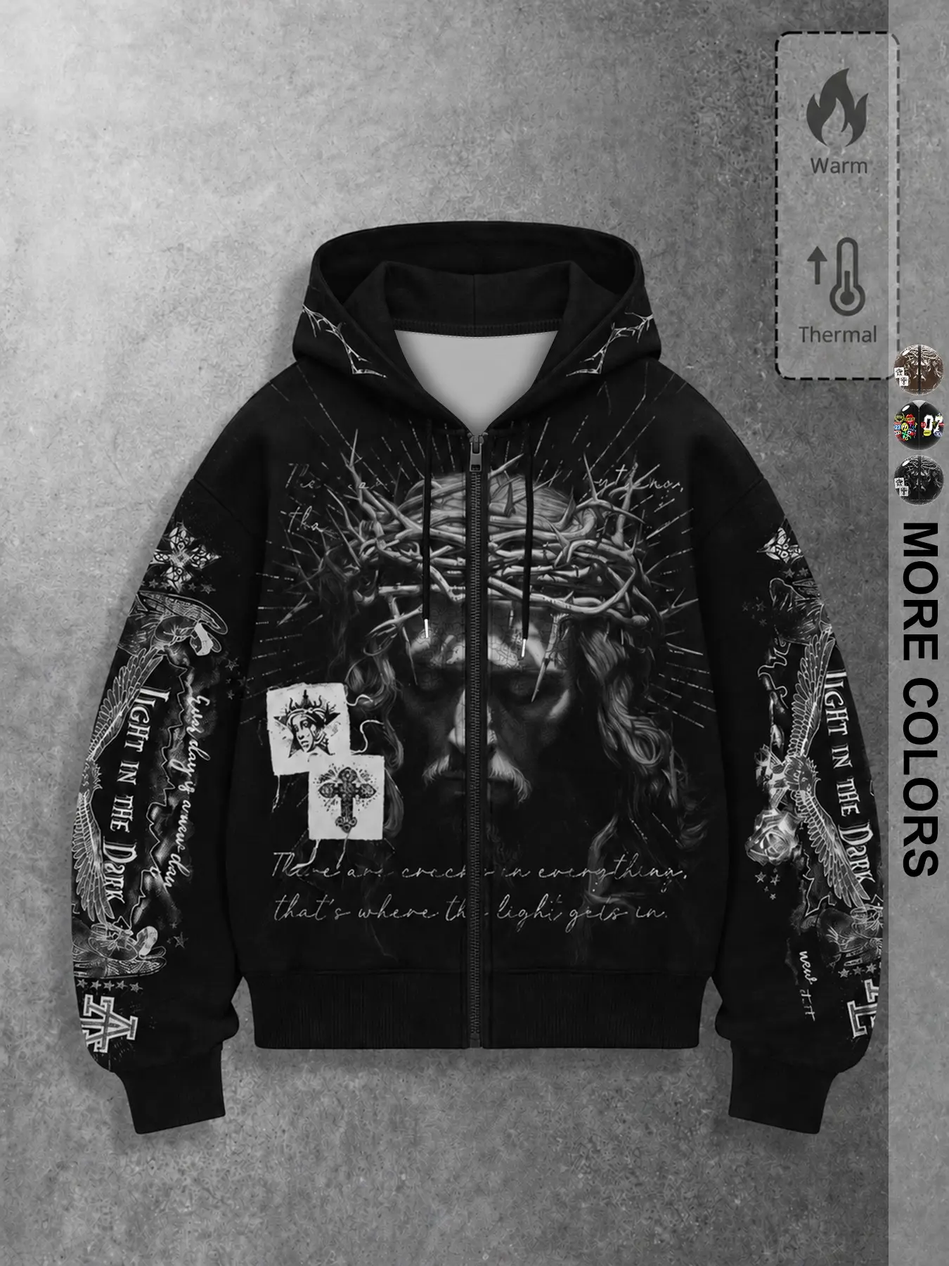 Men's Streetwear Spring Casual Graphic Zip-Up Hoodie, Fitted Y2K Style Sweatshirt, Dark Color Jesus Jacket, All Seasons Fashion