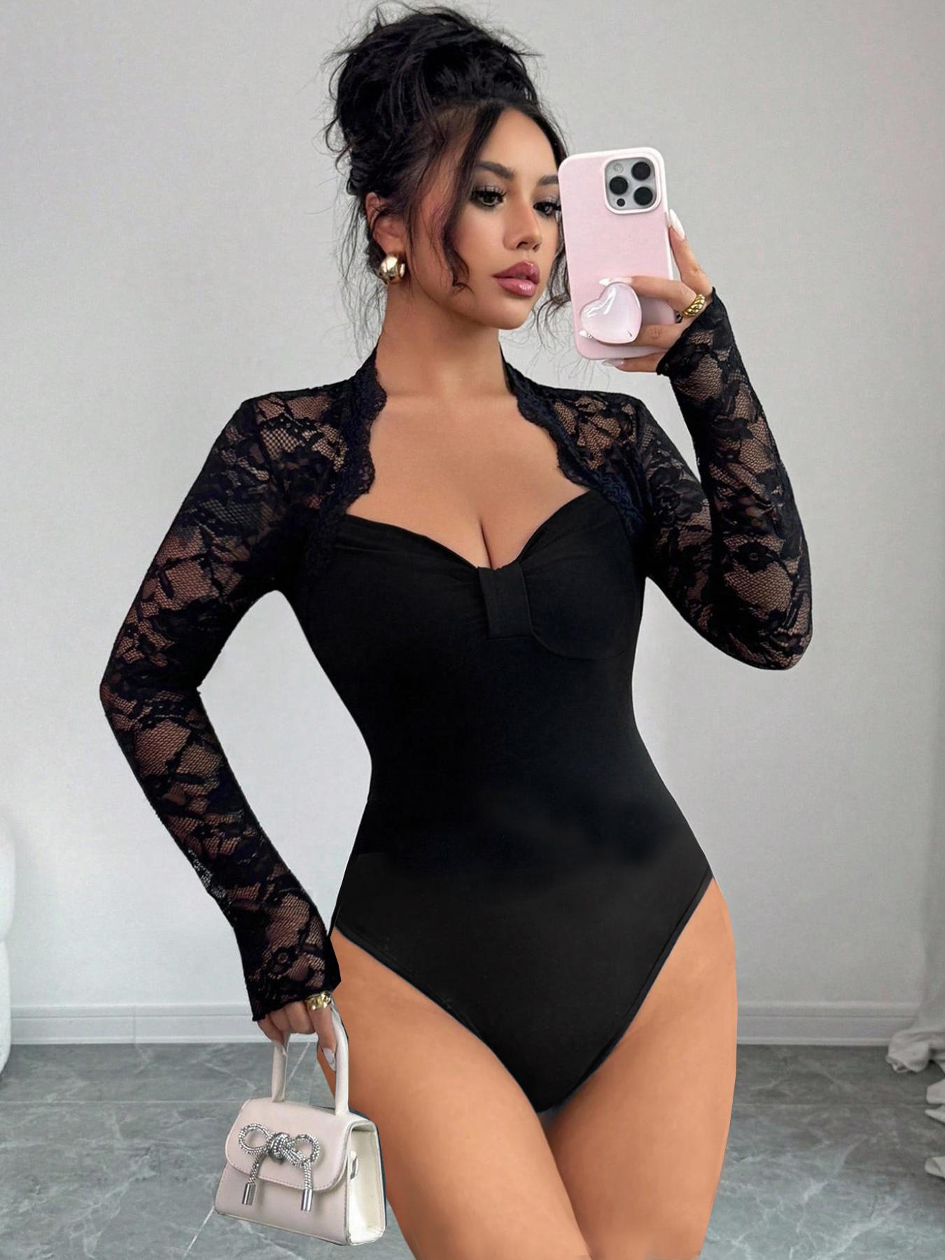 Women's Fall Winter Fashion Design Big V-Neck Solid Color Long Sleeve Jumpsuit, Lace Patchwork, Versatile Stylish One-Piece Bodysuits